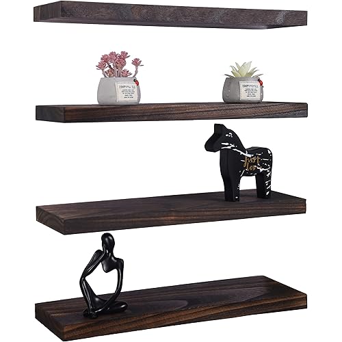 ZBOABRRI Wood Floating Shelves for Wall Decor, Hanging Wall Shelves for Bedroom Living Room Kitchen Bathroom Set of 4 Brown