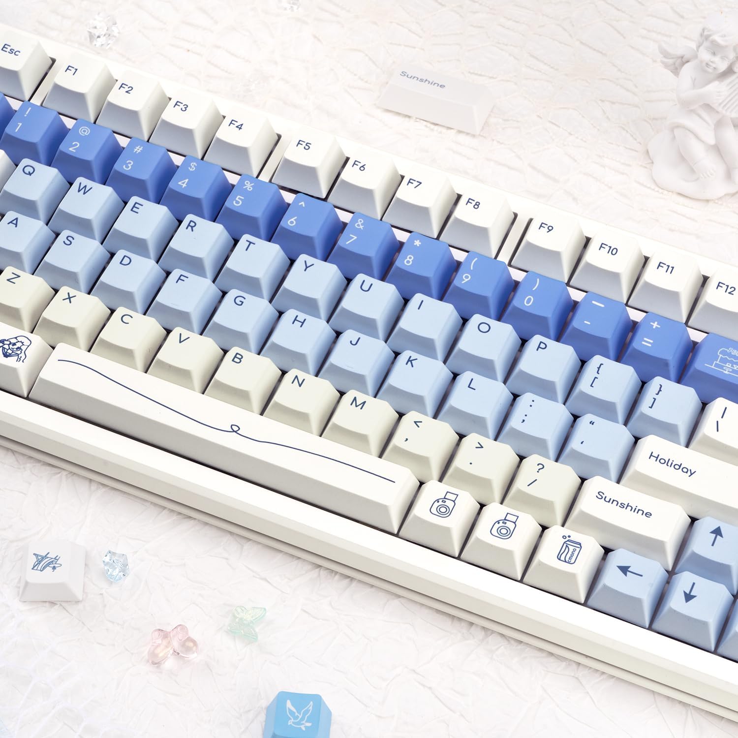 130 Keys Cherry Profile PBT Keycaps, Blue and White Keycaps Set, Custom Minimalist Key Caps, Five Sided Dye Sublimation Creamy Key Caps for Cherry MX Switches ANSI Mechanical Gaming Keyboard
