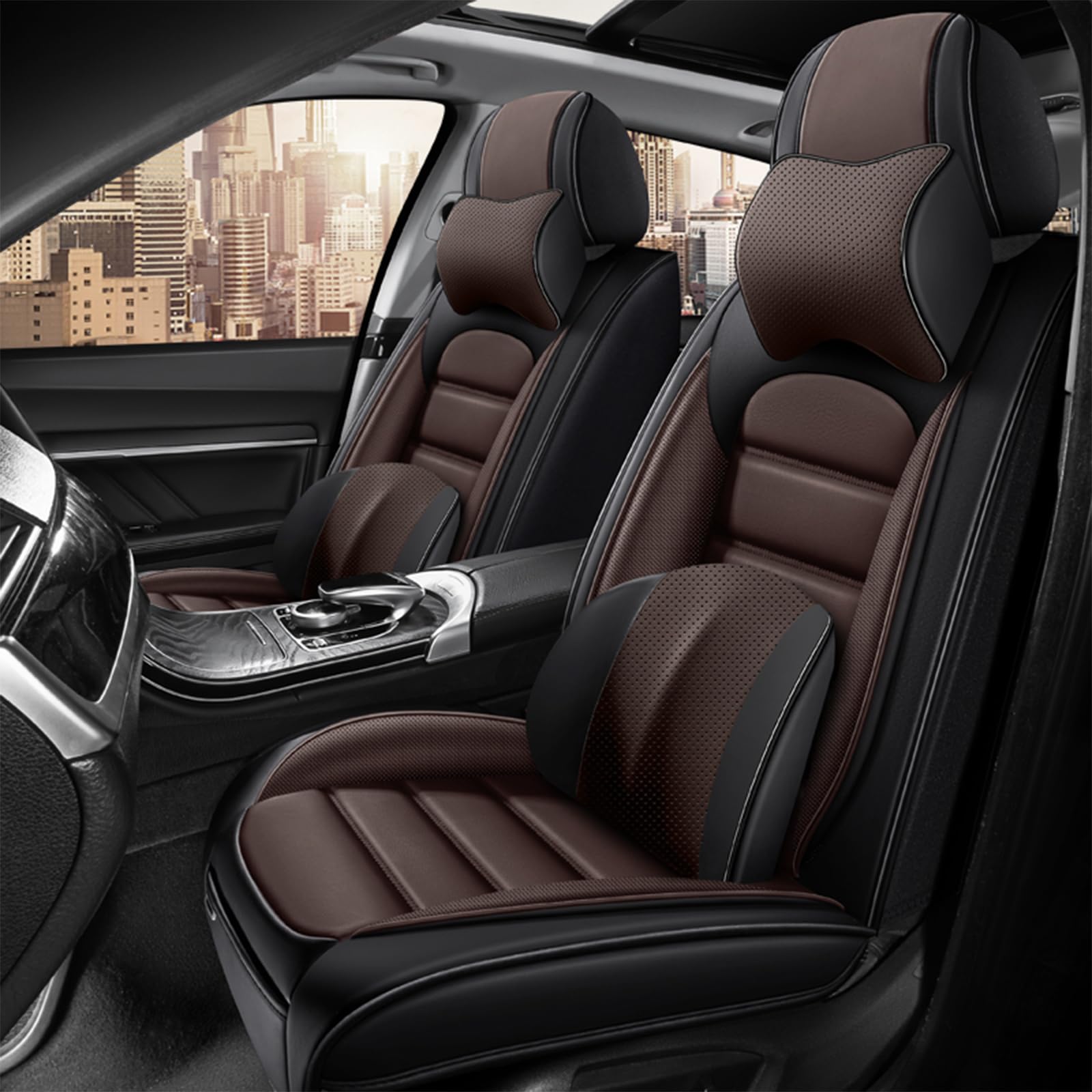 Car Seat Cover for KIA Telluride 2020-2024,Premium Leather Seat Cover,Non-Slip Waterproof Breathable Automotive Seat Covers Fit for Most Cars,(Brown & Classic Black,Full Set with Pillow)