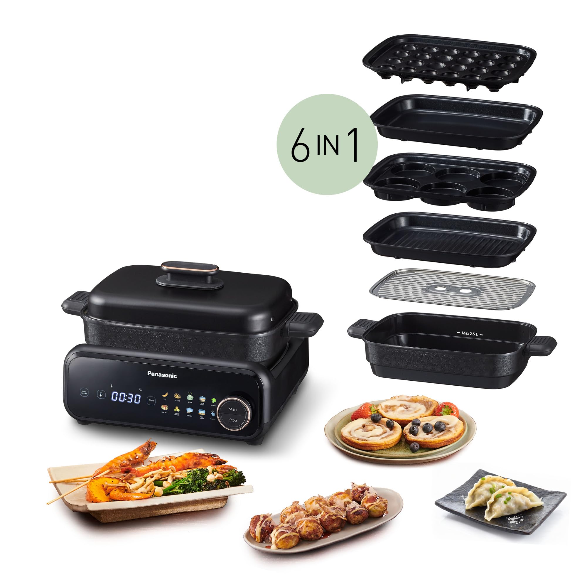 Panasonic NF-GM600 Multi-Cooker Elettrico 6-in-1, Griglia elettrica, Friggere, Cottura Lenta, BBQ, Vapore, Saltare, 1400W, 40–250°C, 9 Modalità Auto, Piastre lavabili in lavastoviglie