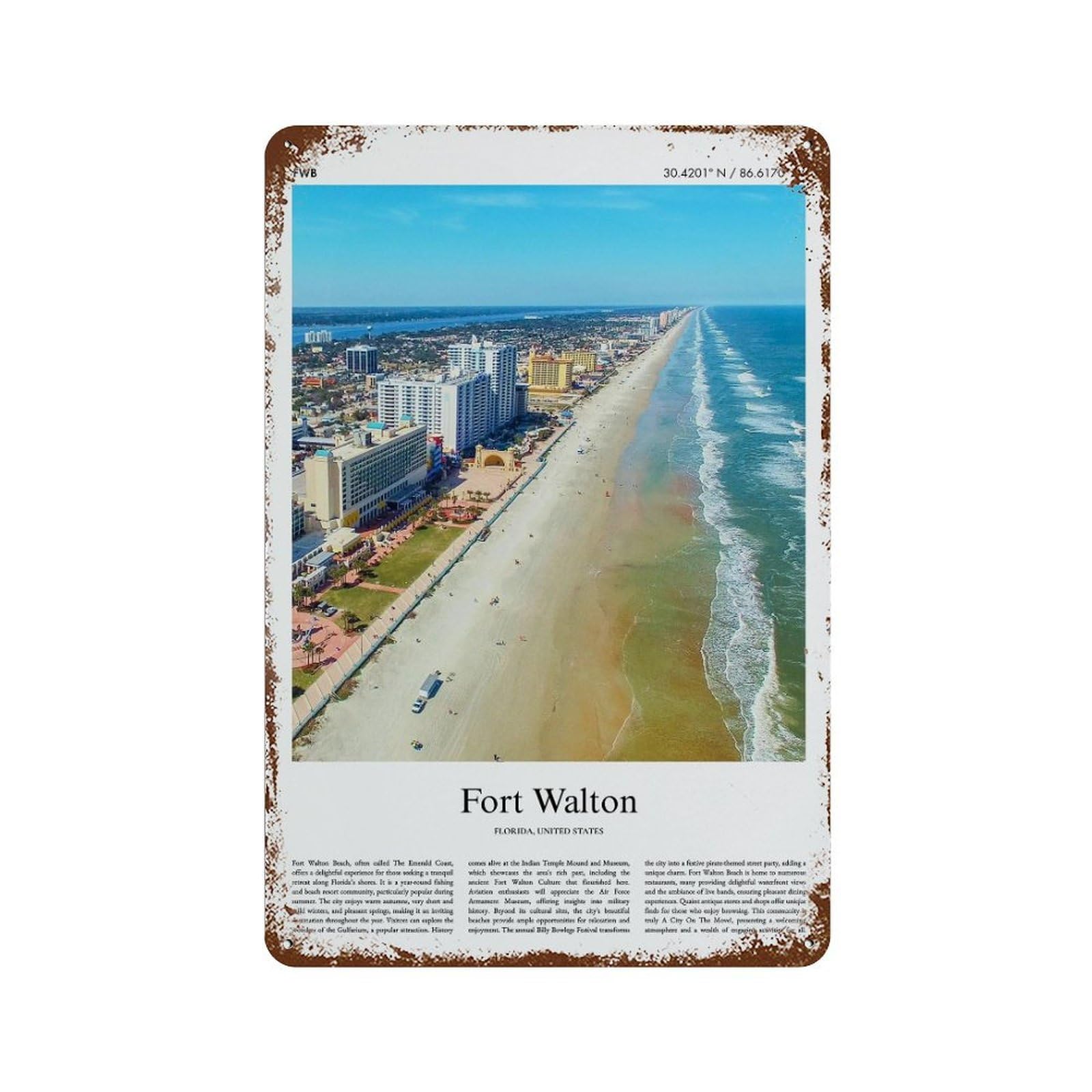 xiaoxiaoshen Fort Walton Florida, United States, USA City Scenery Wall Decor Art Metal Tin Poster Modern Home Decor Art Home Bar Shop Decorations Vintage Sign 30x20cm