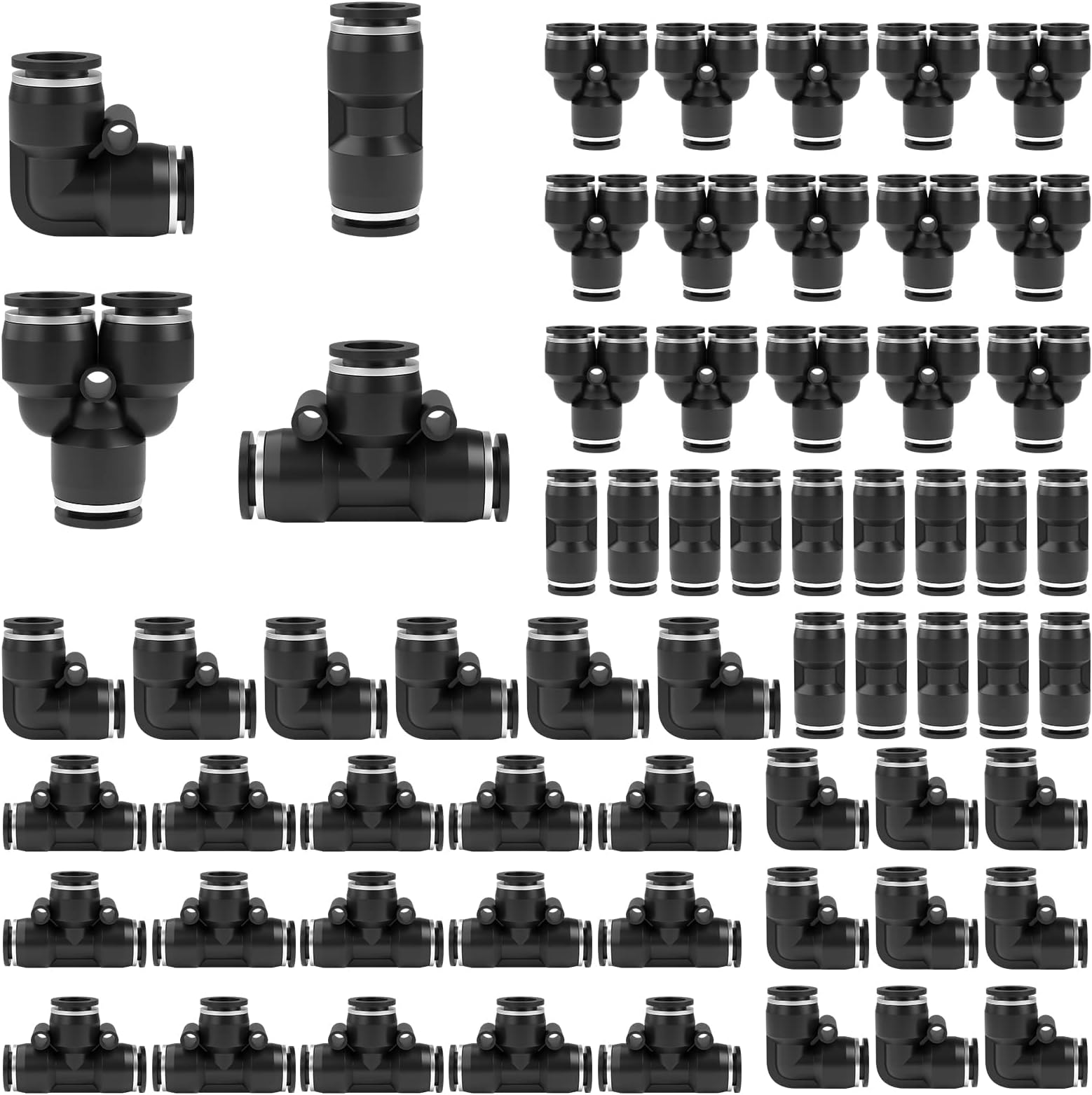 TERRIFI 60PCS Push to Connect Fittings Air Line Fittings Kit, Quick Release Pneumatic Connectors Air Line Fittings 15 Splitters 15 Elbows 15 Tee 15 Straight Tubes (Black,3/8 Inch Od)