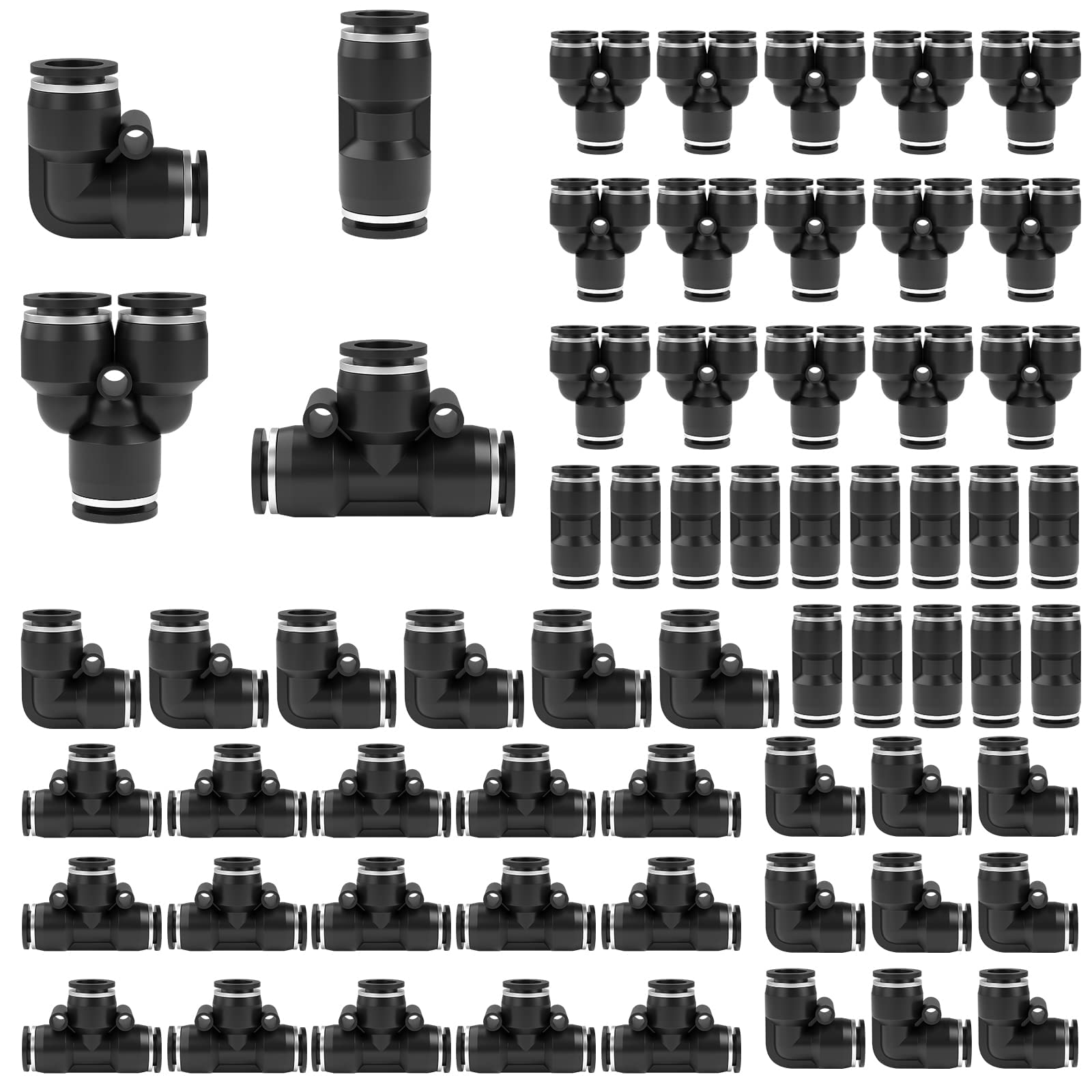 TERRIFI 60PCS Push to Connect Fittings Air Line Fittings Kit, Quick Release Pneumatic Connectors Air Line Fittings 15 Splitters 15 Elbows 15 Tee 15 Straight Tubes (Black,3/8 Inch Od)