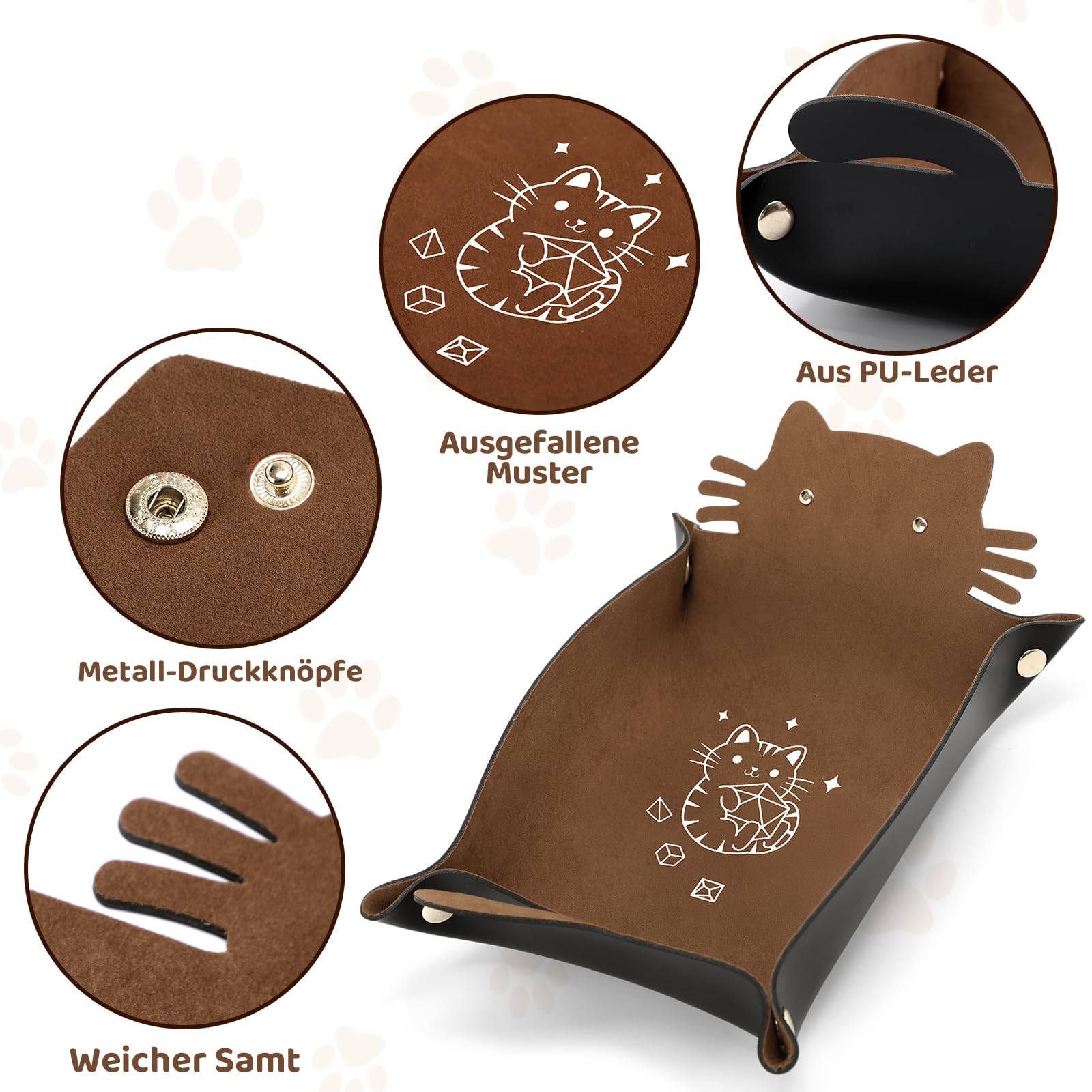 Würfeltablett mit Katzenmotiv, Faltbarer Würfelhalter aus Leder, tragbarer Würfelaufbewahrungs-Organizer, lustiges Geschenk für DND-RPG-Spieler (Braun)