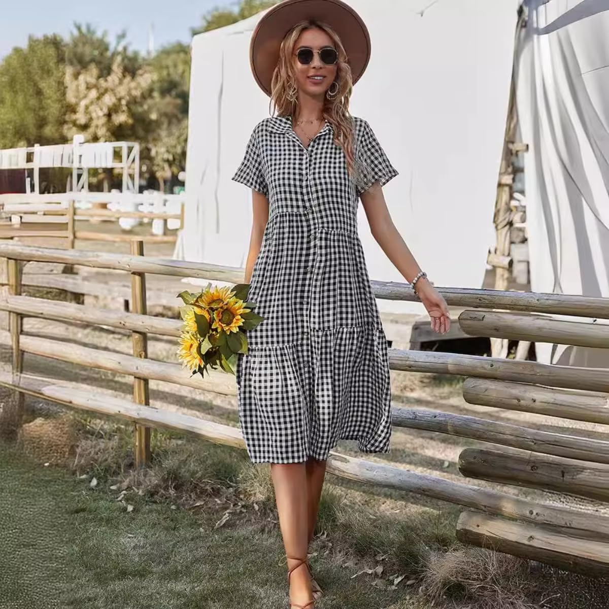 Vestido Camisero Midi A-Line Mujer Manga Corta Estampado Vichy