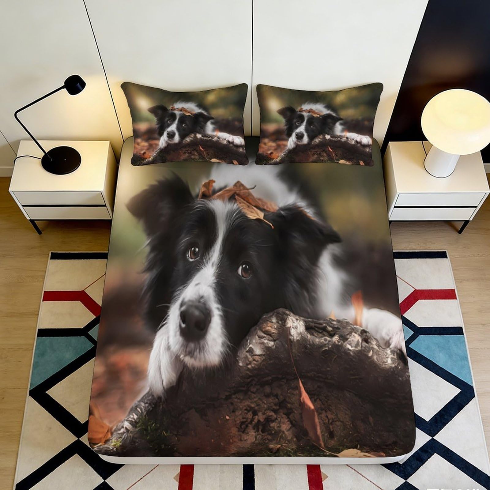 3D Printed Border Collie Dog Forest Fitted Sheet Microfiber Soft Anti-Slip Autumn Leaves Bed Cover for Bedroom 90x200x25cm