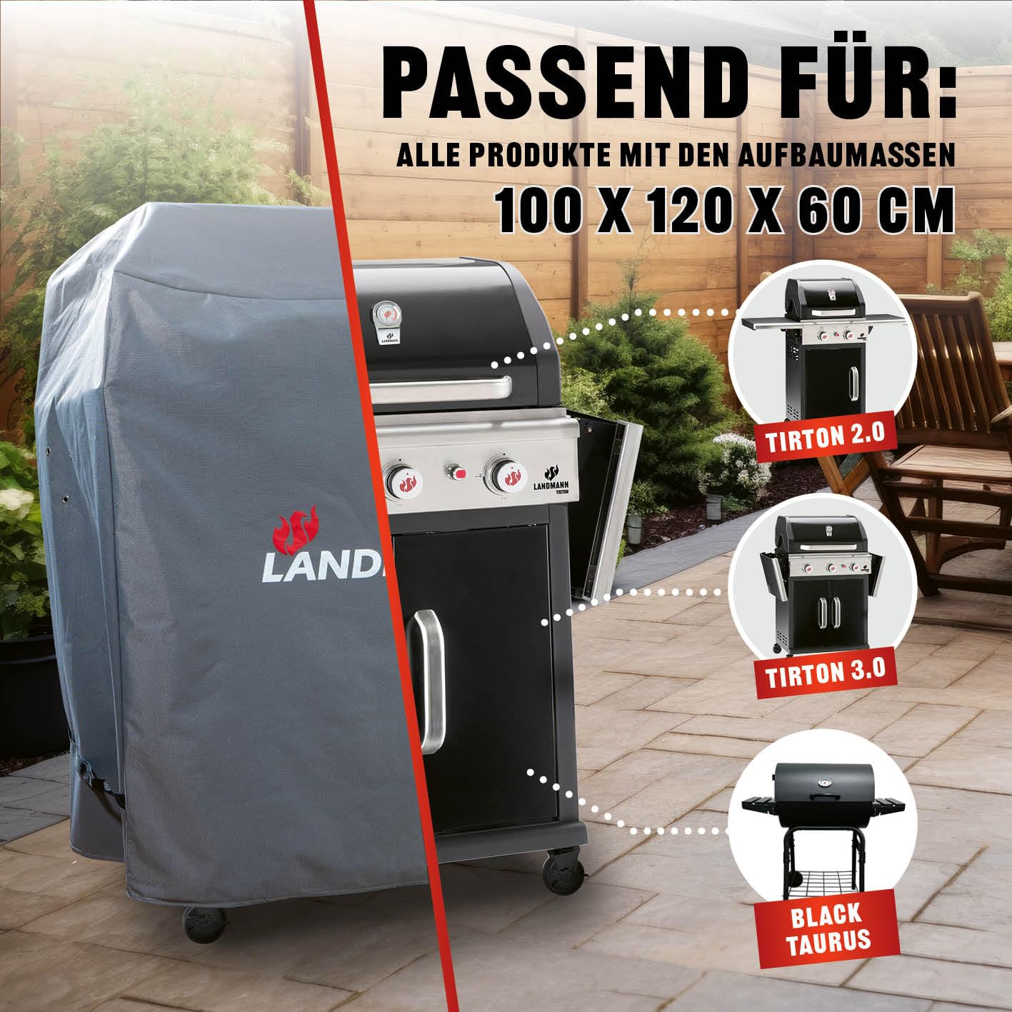 Landmann Premium Wetterschutzhaube | Aus robustem Polyestergewebe & Wasserdicht | UV-beständig, Atmungsaktiv & Kältebeständig | Geeignet für den Grillchef Gasbräter Profi 4 BR [60 x 96 x 120 cm]