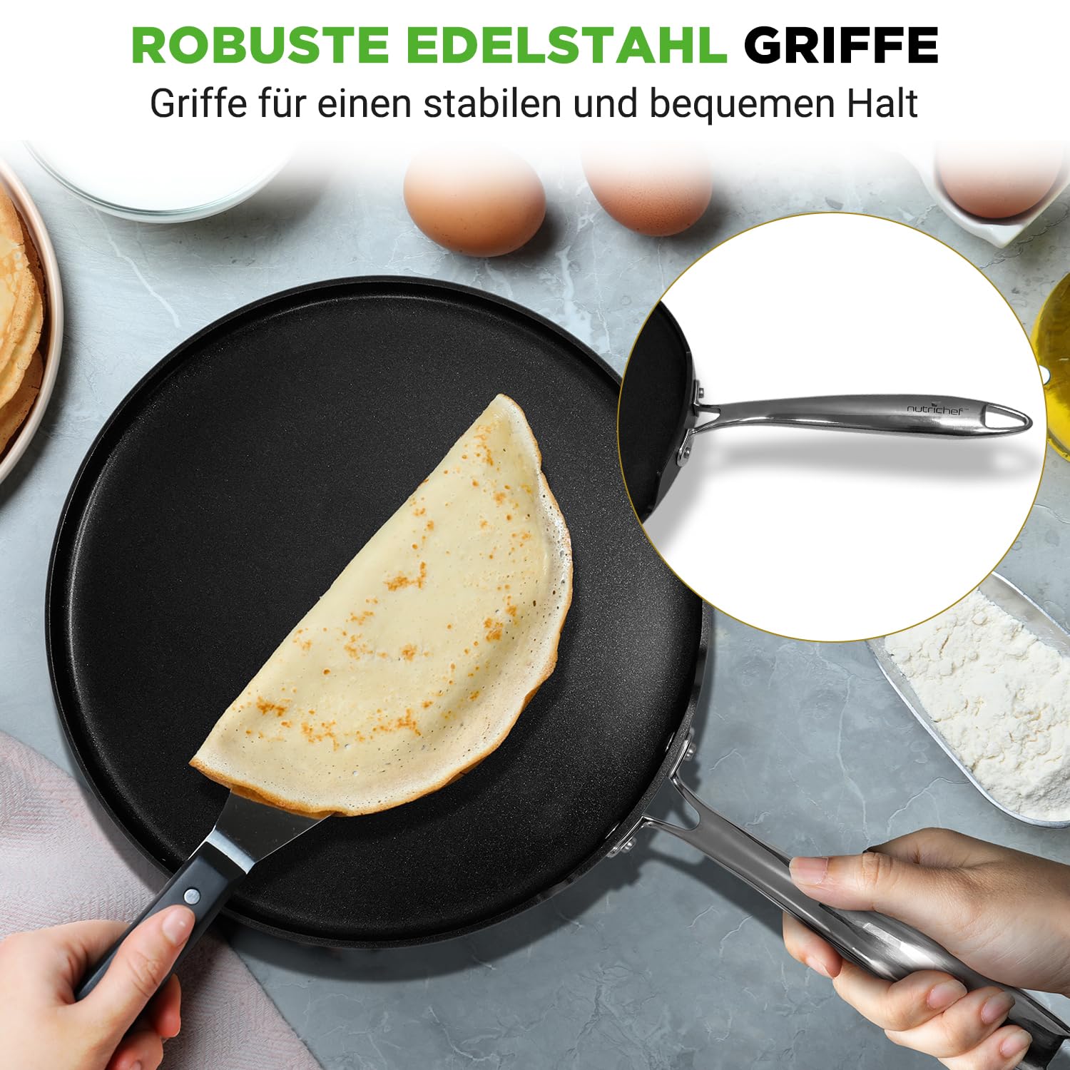 NutriChef Crepe Pfanne 30 cm Induktion Antihaft – Pfannkuchenpfanne Flach Aluminium für Pancake Crepes Palatschinken Spiegelei PFOA Frei Leicht Reinigung, Alle Herdarten