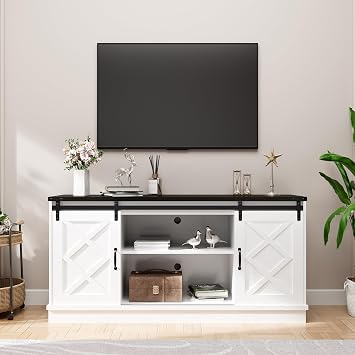 Boyel Living Farmhouse TV Stand for TVs up to 65 Inches,Farmhouse Entertainment Center with 2 Slicing Barn Door,Tv Consol for Living Room,Morden White