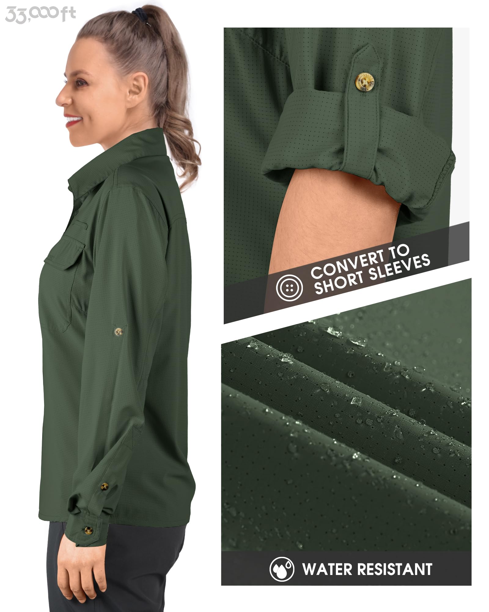 33,000ft Camicia da donna UPF50+, protezione UV, ad asciugatura rapida, per il tempo libero, a maniche lunghe, funzionale, per pesca, safari, viaggi, golf, verde scuro, L