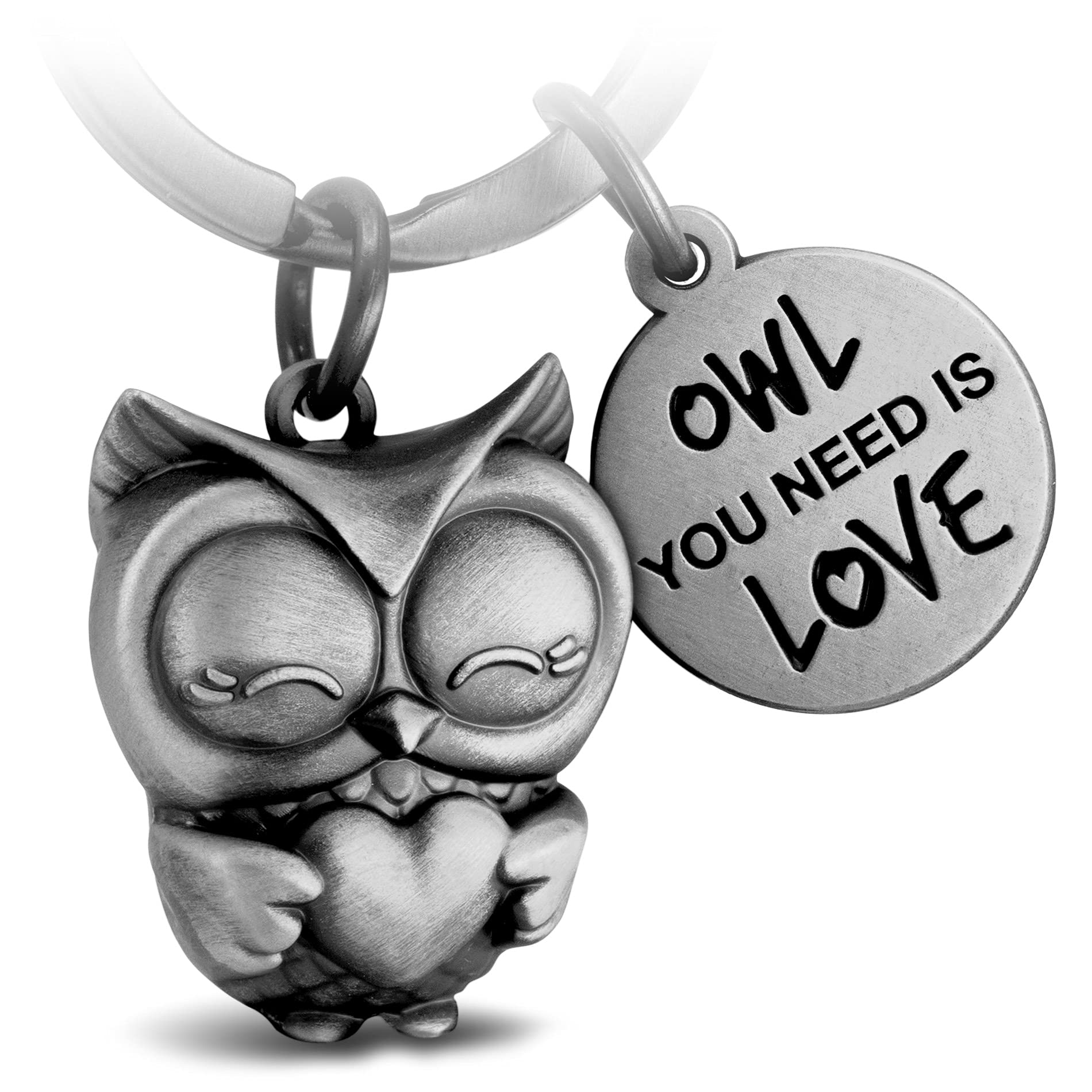 FABACH Owl Keyring Owly with Heart and Engraving Cute Owl Keyring Friend and Love Lucky Charm Made of Metal for Women Owl You Need is Love, Antique silver,