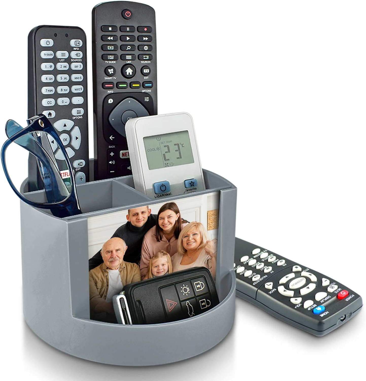 Acrimet Compact Desktop Organizer, 4 Spacious Slots, Round Pencil and Accessories Holder with Photo Slot, Ideal for Office, Art Supplies, Vanity Storage, and Home Organization (Silver Plastic)