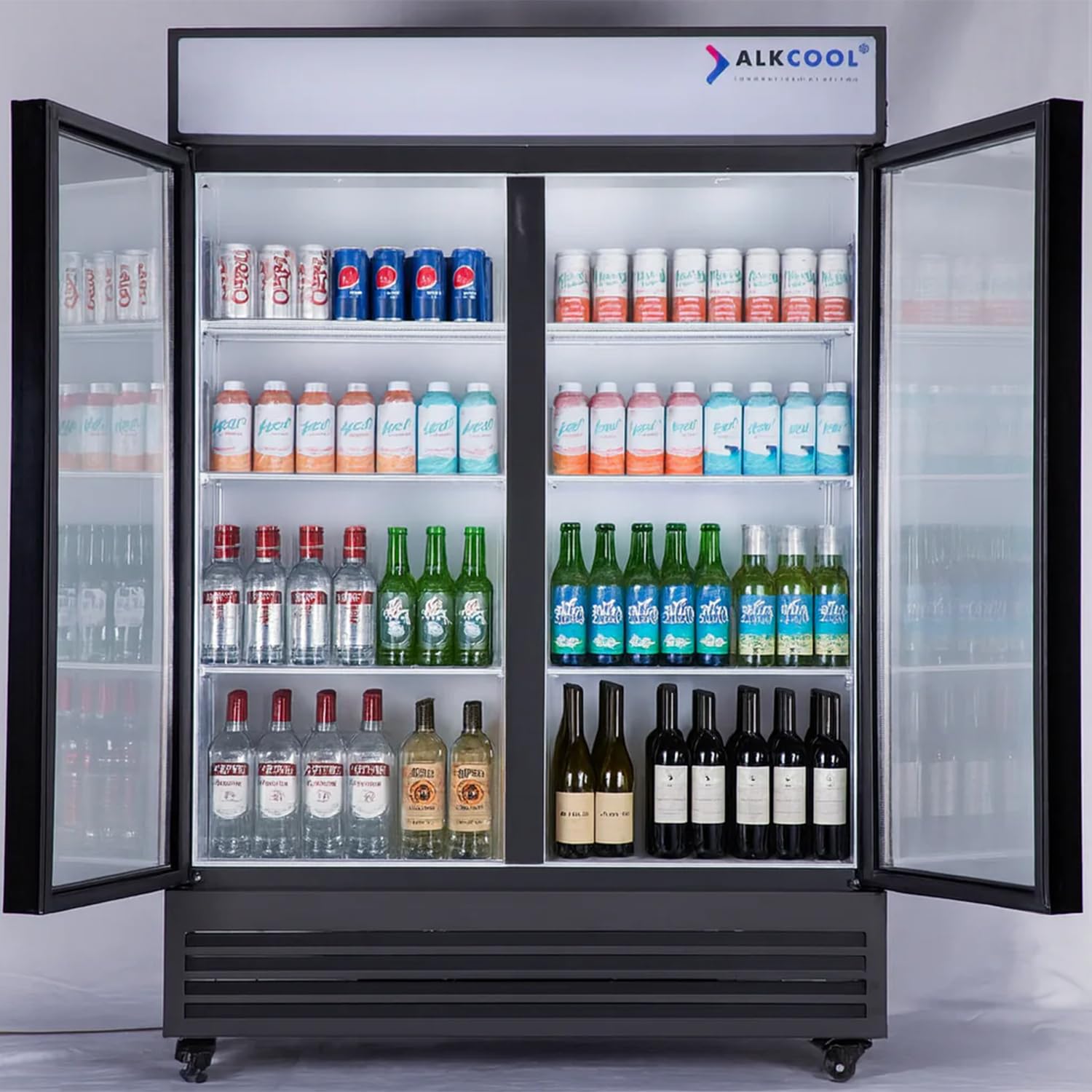 Commercial Beverage Refrigerator Display Fridge,Two Glass Door Upright Merchandiser Drink Cooler with LED Light Adjustable Shelves,46 Cu Ft,ETL Sanitation,(Wheels Not Included)
