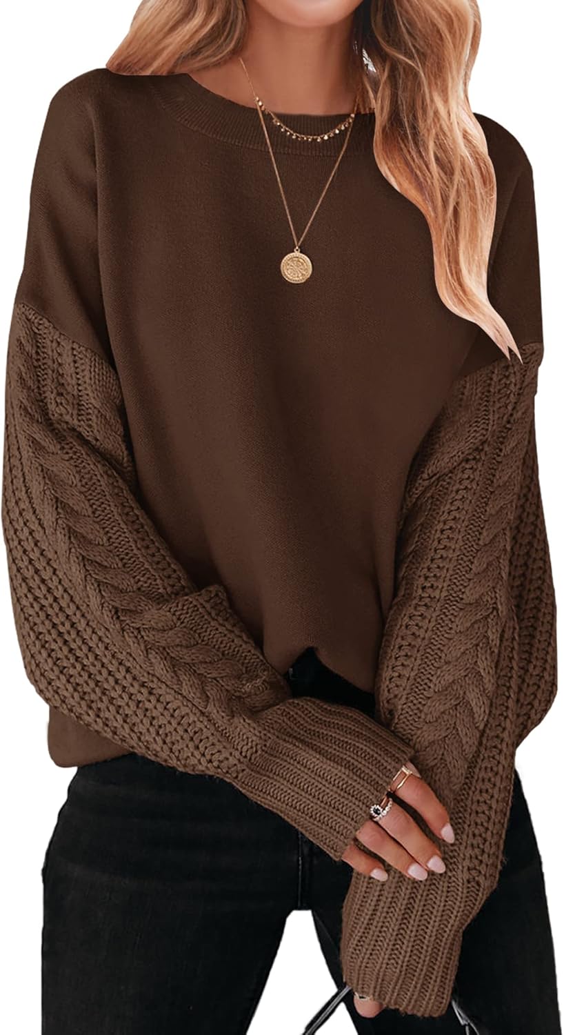 ZESICA Women's 2025 Fall Long Sleeve Crew Neck Solid Color Cable Knit Chunky Casual Oversized Pullover Sweater Tops