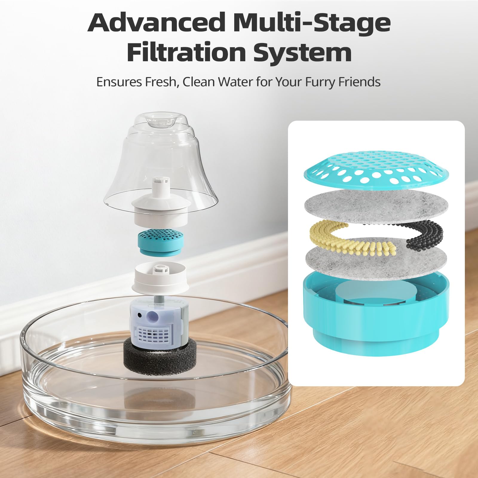 Fuente de agua de vidrio para gatos y perros de 2,7 L, dispensador automático de agua para mascotas con bomba silenciosa