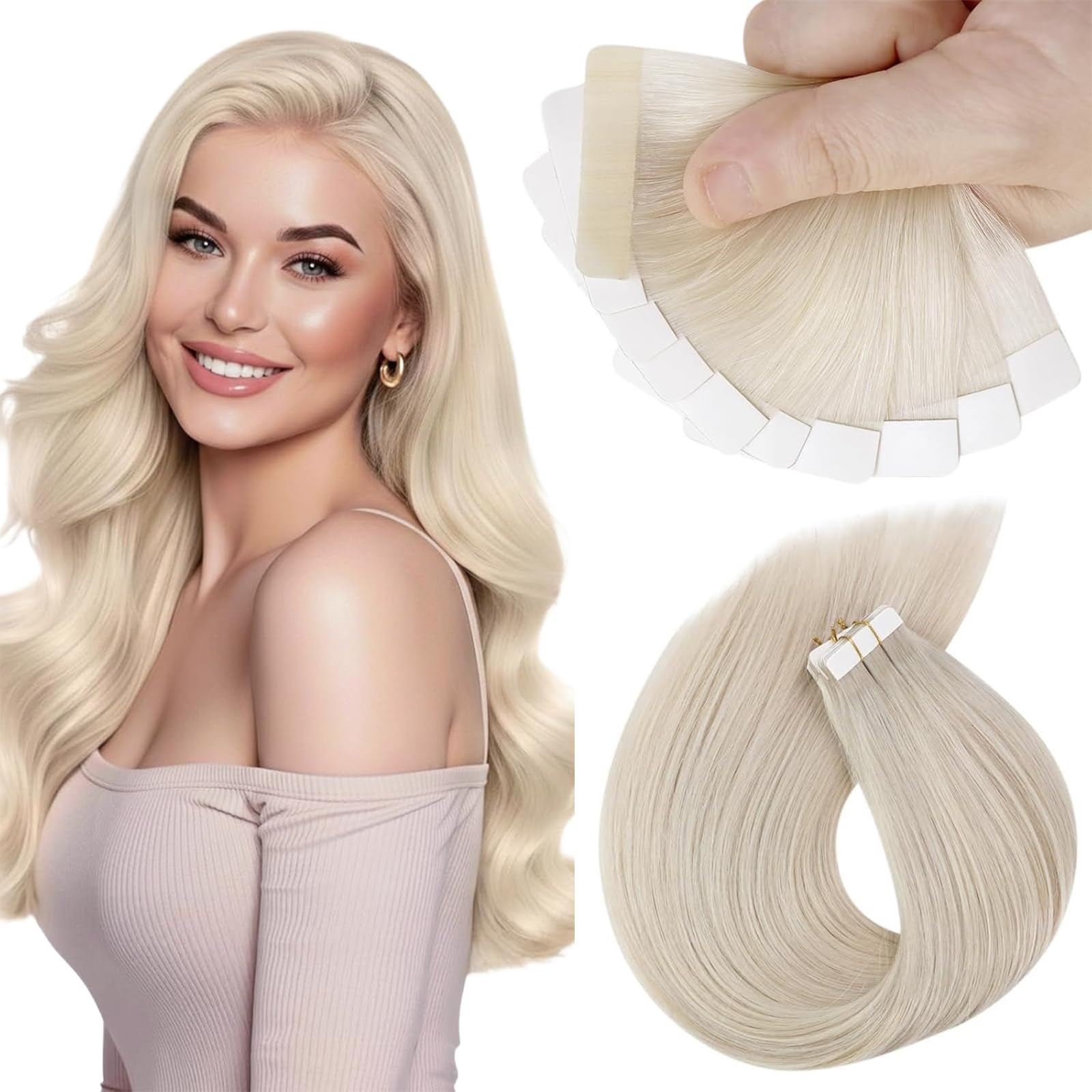 Sunny Hair Tape in Hair Extensions Real Human Hair Invisible Remy Hair Extensions Tape ins for Women White Blonde 18 inch 25G