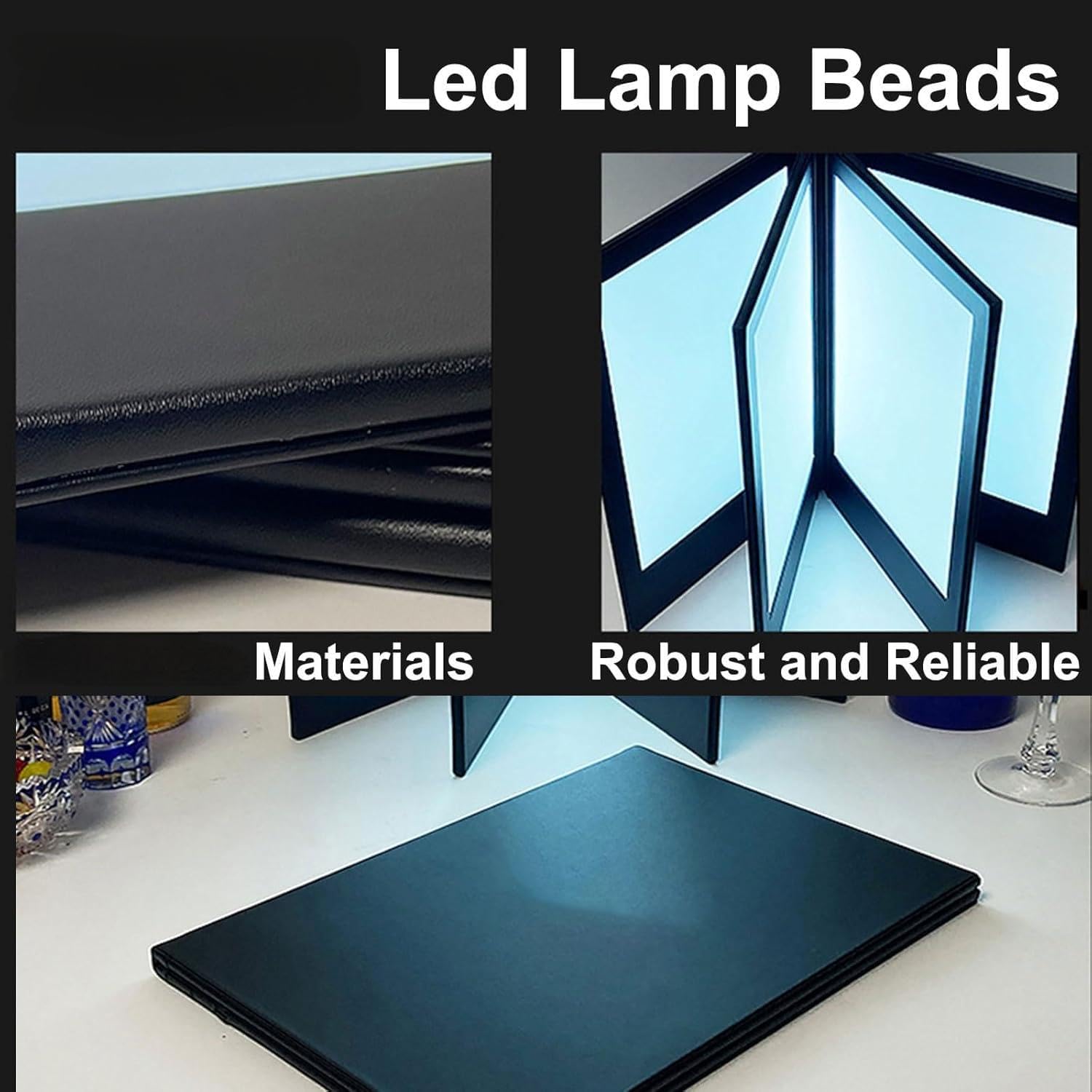 Soporte de cubierta de menú iluminado recargable, panel dual retroiluminado personalizable para restaurantes, bares y comedores, diseño plegable, tamaño A4