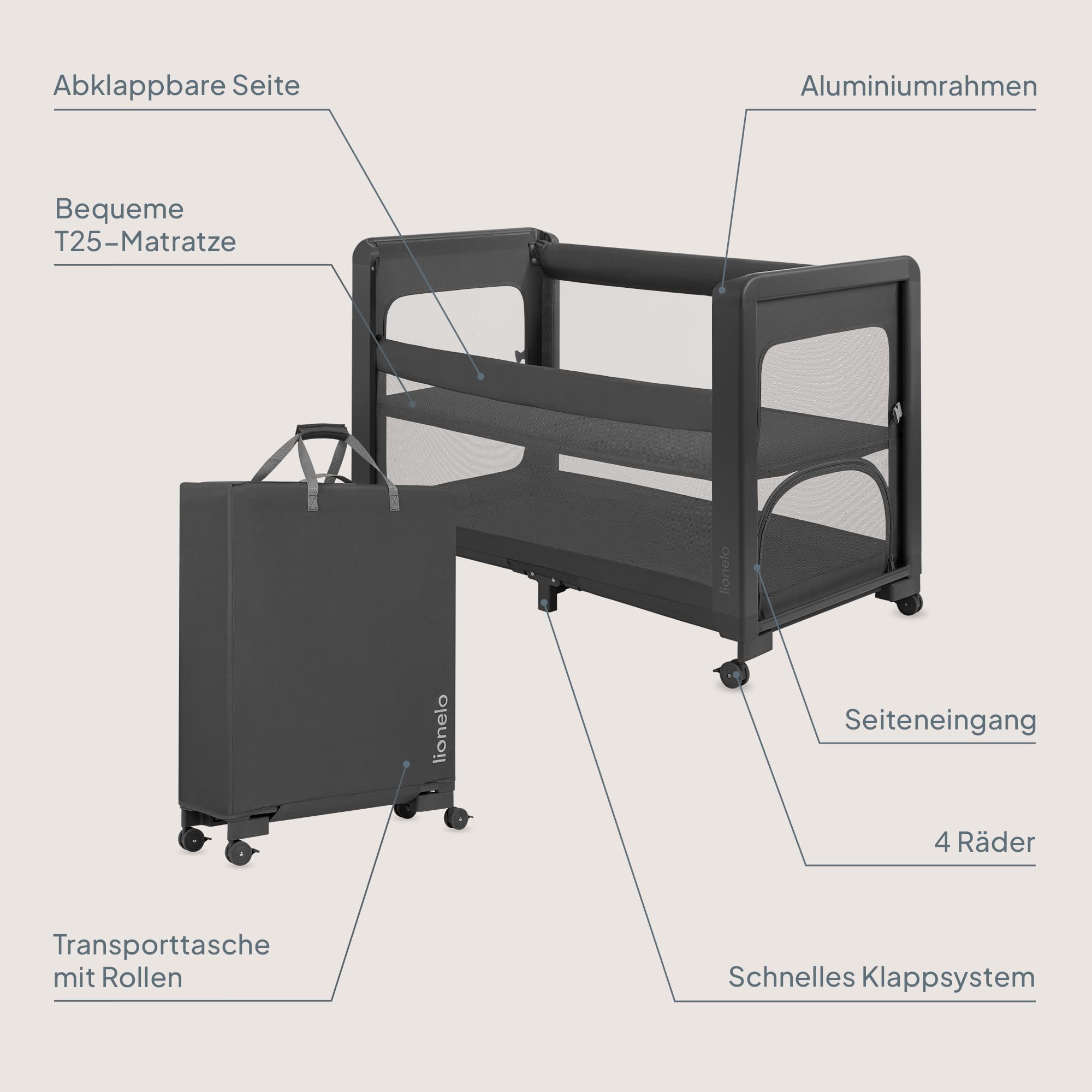 Lionelo Patty 5-in-1 Reisebett & Beistellbett mit Matratze | Faltbares Kinder-/Babyreisebett mit Tragetasche & Rollen, Laufstall - Ideal von Geburt bis 15 kg