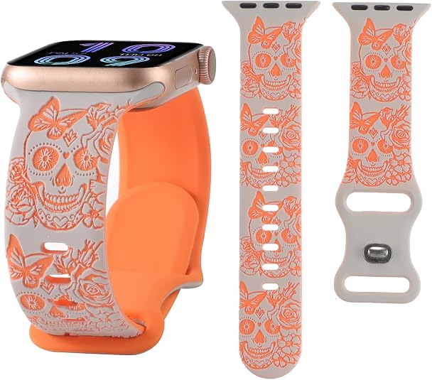 Skull Engraved Band Compatible with Apple Watch 38mm 40mm 41mm 42mm 44mm 45mm 46mm 49mm, Cute Two-Tone Skull Flower Soft Silicone Sport Strap for iWatch Series 11 10 9 8 7 6 5 4 3 2 1 SE