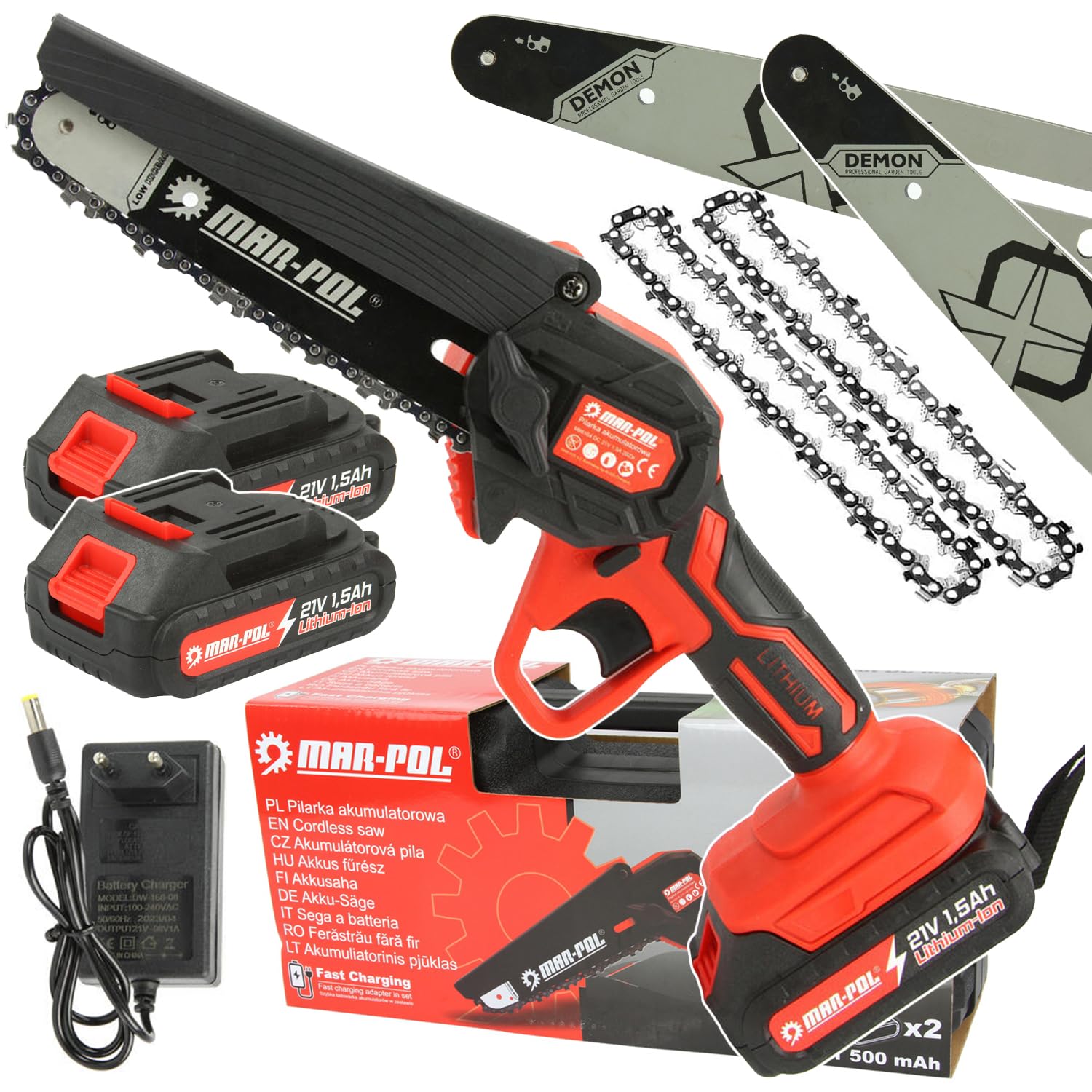 Motosierra eléctrica de cadena | 1500 W | 21 V | 1500 mAh | 2 barras de 6" (18 cm) | 2 cadenas de 6" (18 cm) | Corte 15 cm | Velocidad de la cadena 6 m/s | poda de jardín madera