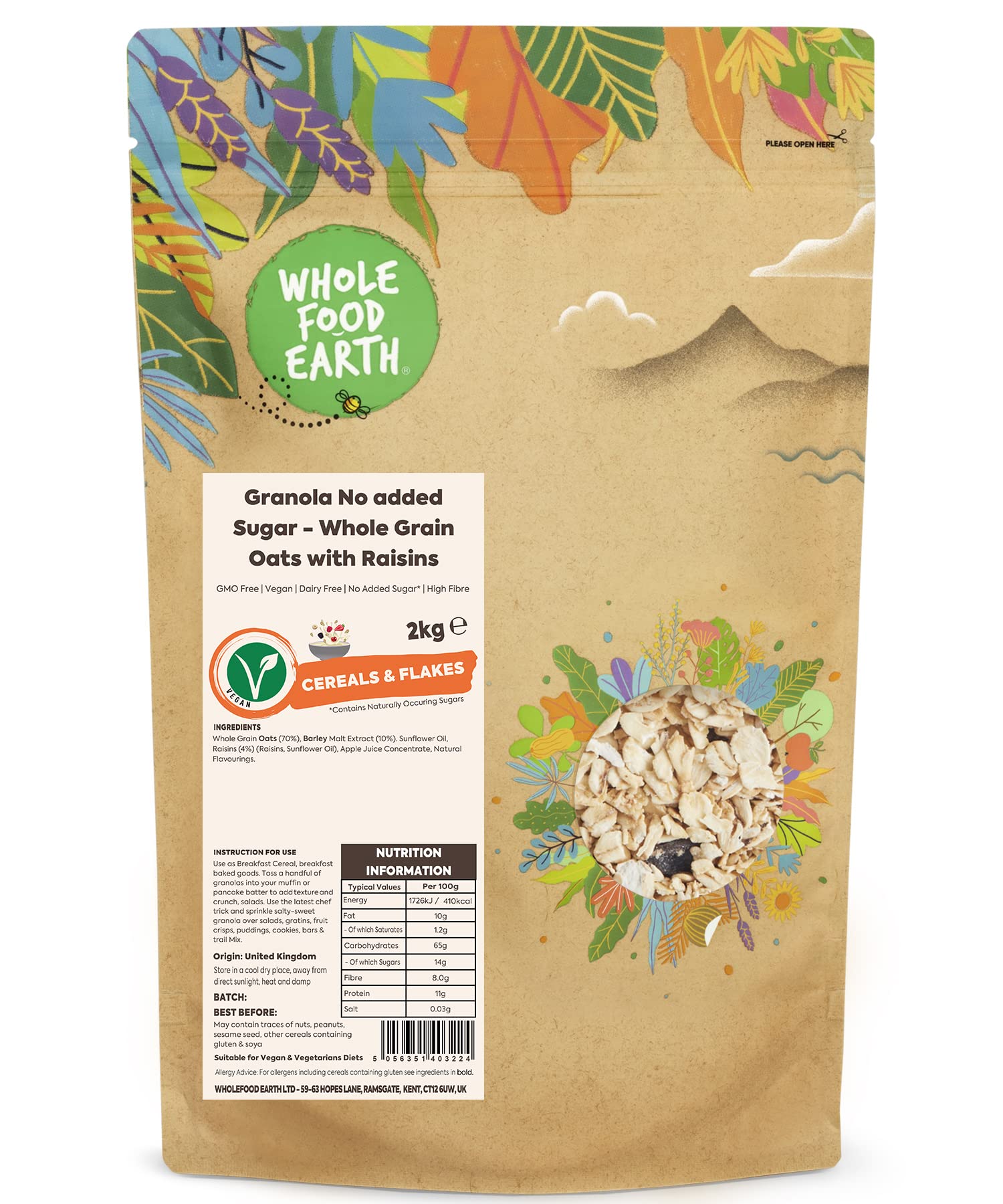 Wholefood Earth Granola No added Sugar - Whole Grain Oats with Raisins 2 kg | GMO Free | Dairy Free | No Added Sugar* | High Fibre