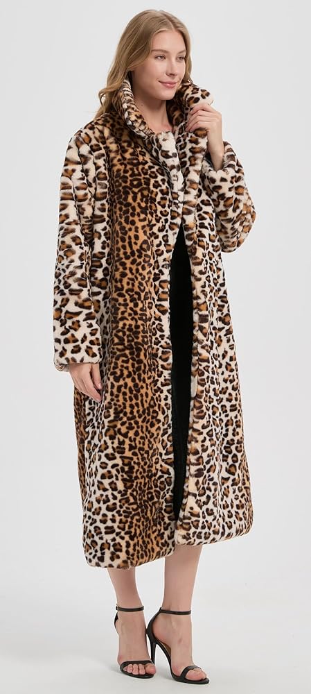 DJBM Women's Sexy Elegant Vintage Leopard Print Lapel Faux Fur