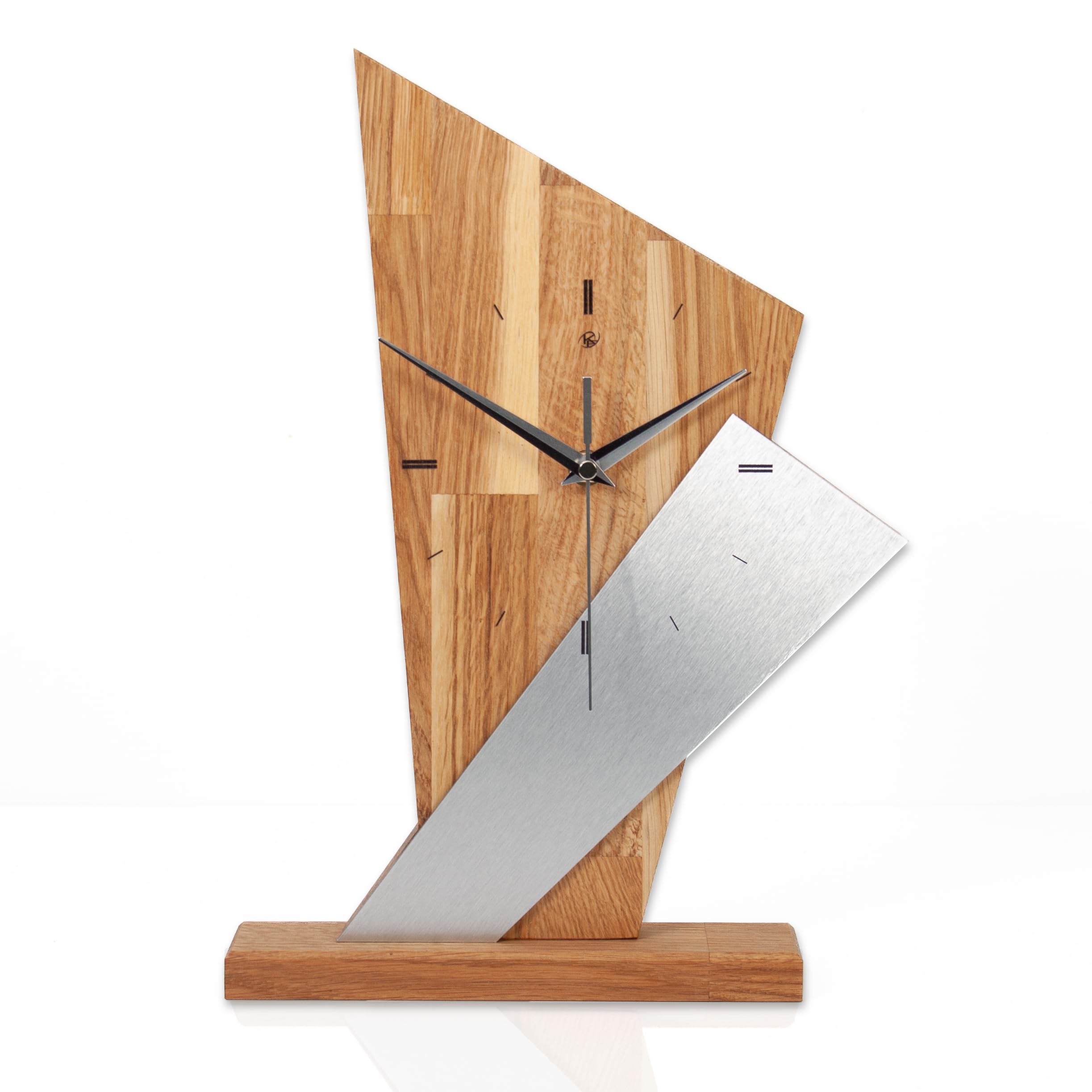 Kreative Feder Designer-Standuhr „Brown Square“ aus Massivholz – Tischuhr in modernem Metallic-Look ohne Ticken (leises Quarzuhrwerk, Eiche)