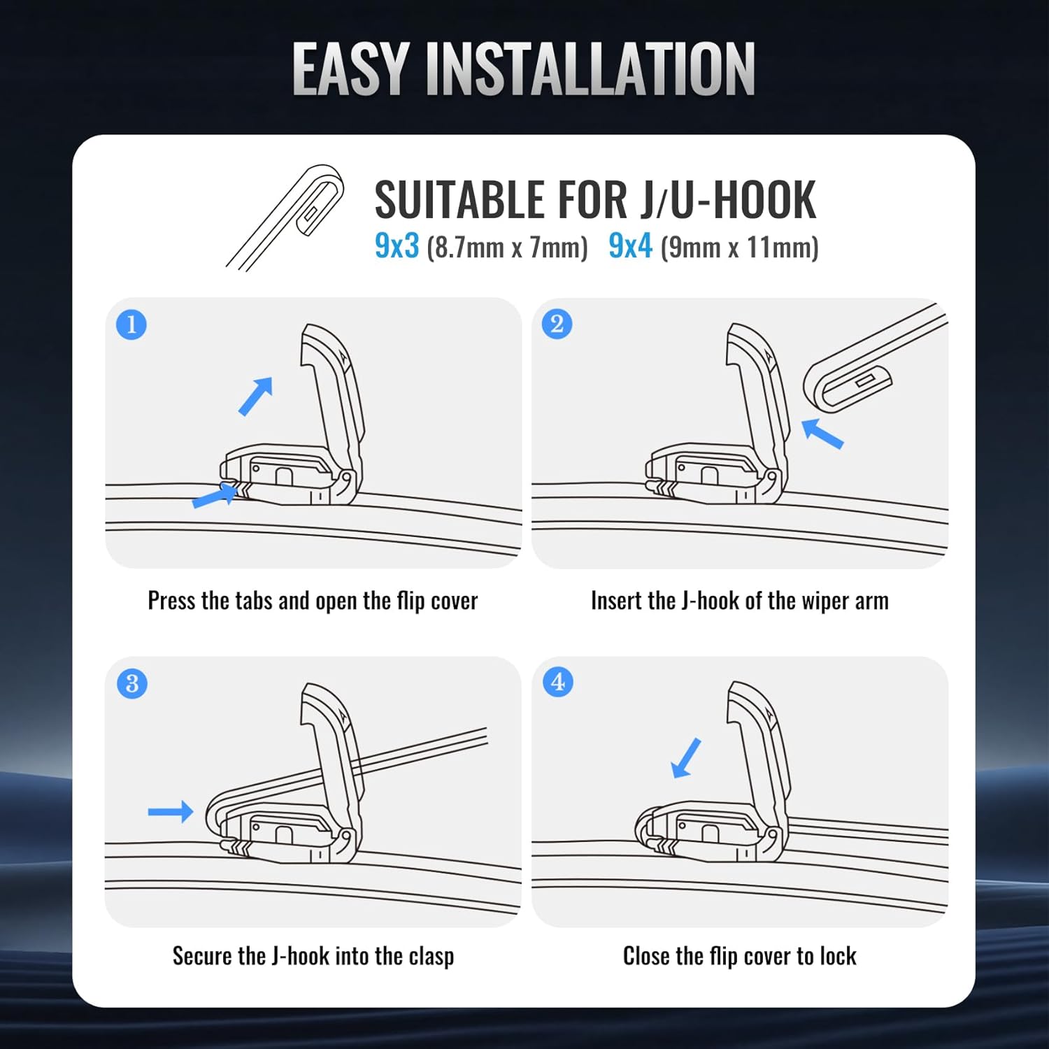 Wiper Blades, OEM Quality, Premium All-Season PTFE Rubber, Quiet & Streak-Free, J-Hook, Automotive Replacement Windshield Wiper Blades (26"+18" Pair for Front Windshield)