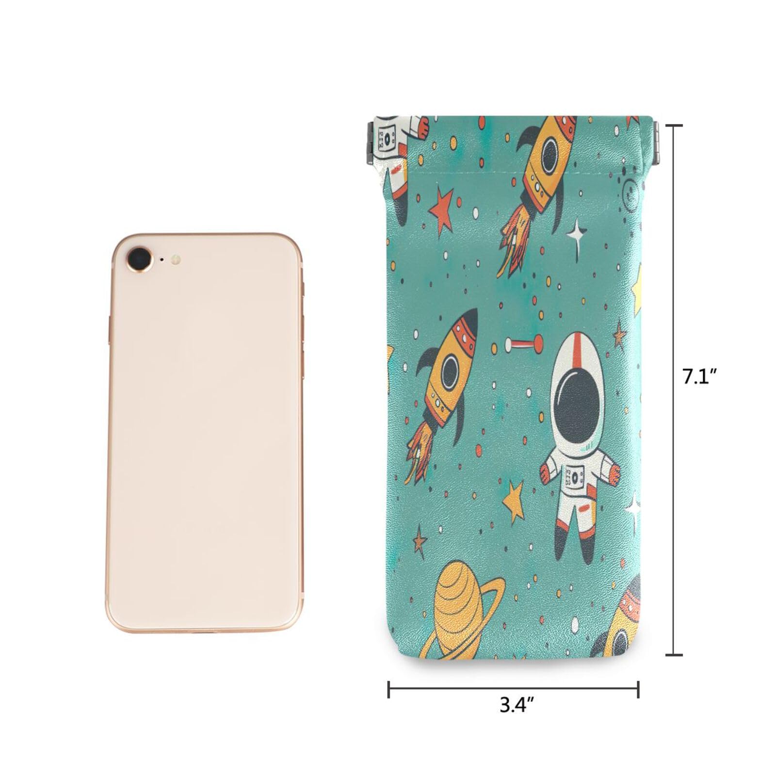 FLildon Cartoon Spaceman Rockets Eyeglasses Pouch Squeeze Top Sunglasses Case Soft PU Leather Eyeglass Bag for Men Women