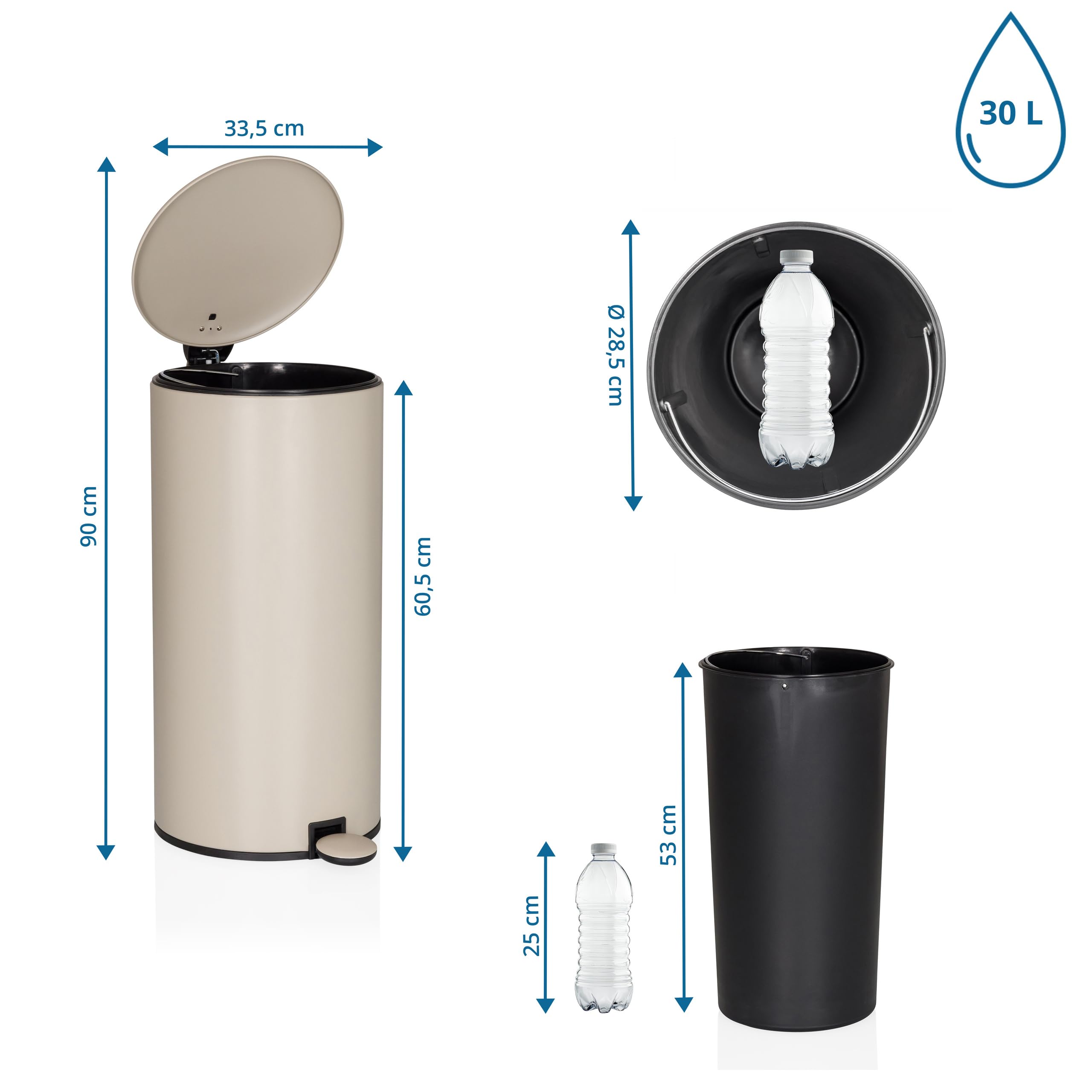 hjh OFFICE Mülleimer rund 30 Liter, Treteimer mit Deckel, Softclose CLEAN STEP 2 Metall Abfalleimer mit Inneneimer, Beige