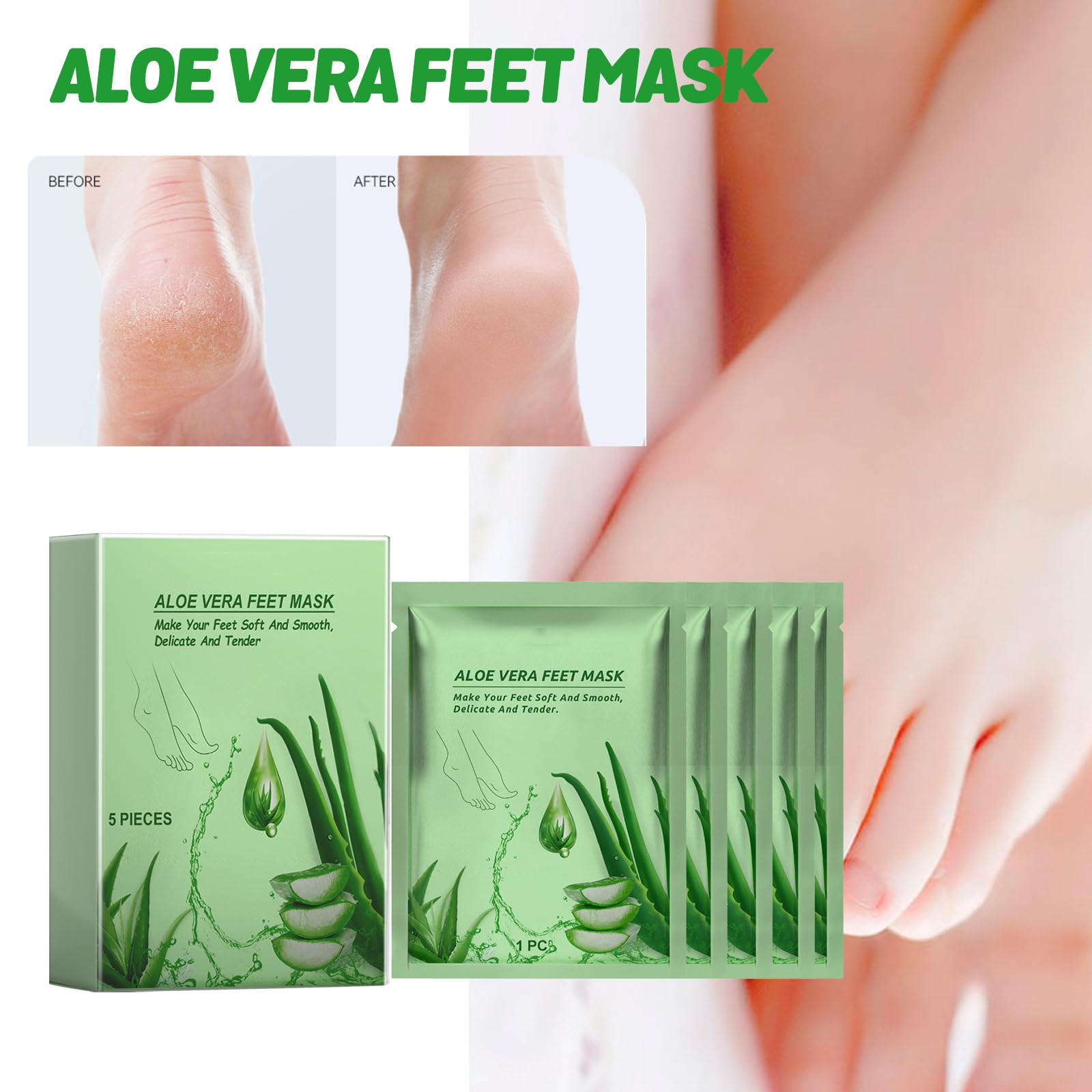 Aloe Vera Maska do stóp – Nawilżająca maska ​​do stóp Skarpetki – Zabieg peelingująca pięt, 5 par Nawilżających maseczek stóp na suche, popękane stopy, Złuszczający środek do usuwa żel (8 pudełek)