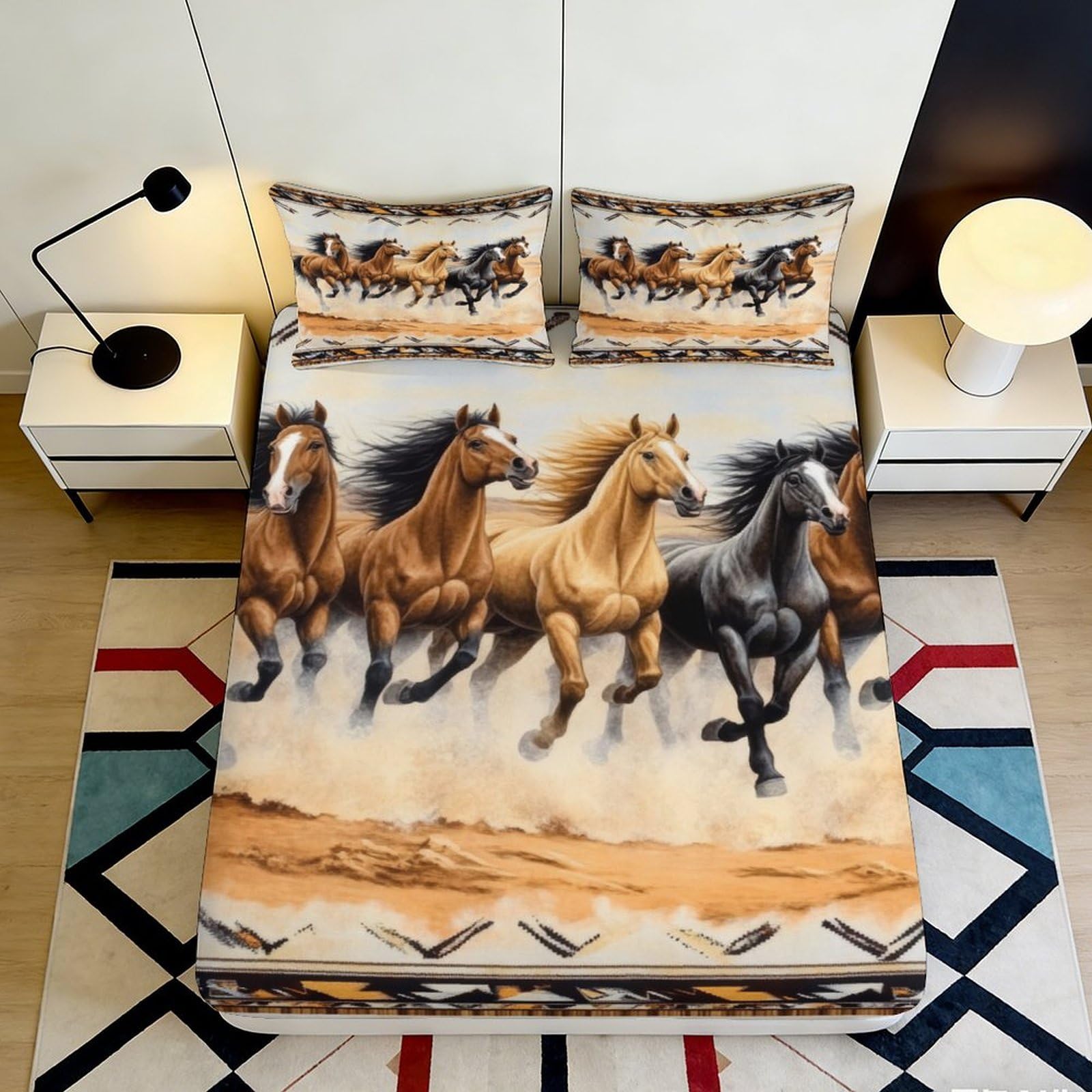 3D Printed Running Horses Fitted Sheet Microfiber Soft Breathable Wild Horse Bed Cover for Bedroom Dorm Mattress Protection Decor 90x200x25cm