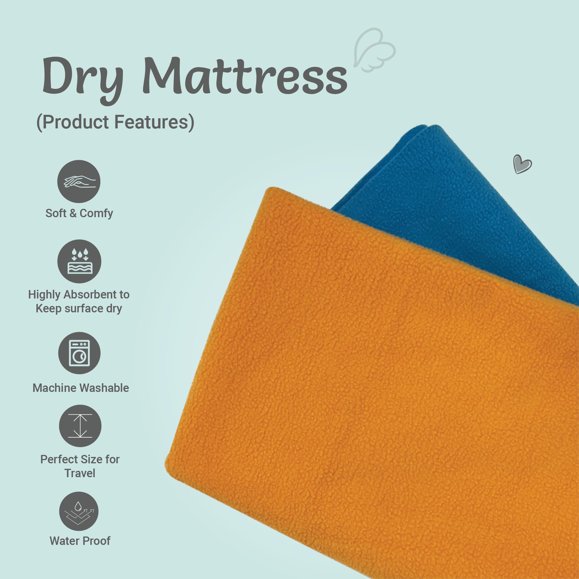 Kridlo Instadry Anti-Piling Fleece Sheets for Newborns | Quick-Dry, Reusable Waterproof Cot Sheet | Large 100 x 80 cm | Pack of 2 (Blue & Peach) | Extra Absorbent Bed Protector for Baby's Mattress 2
