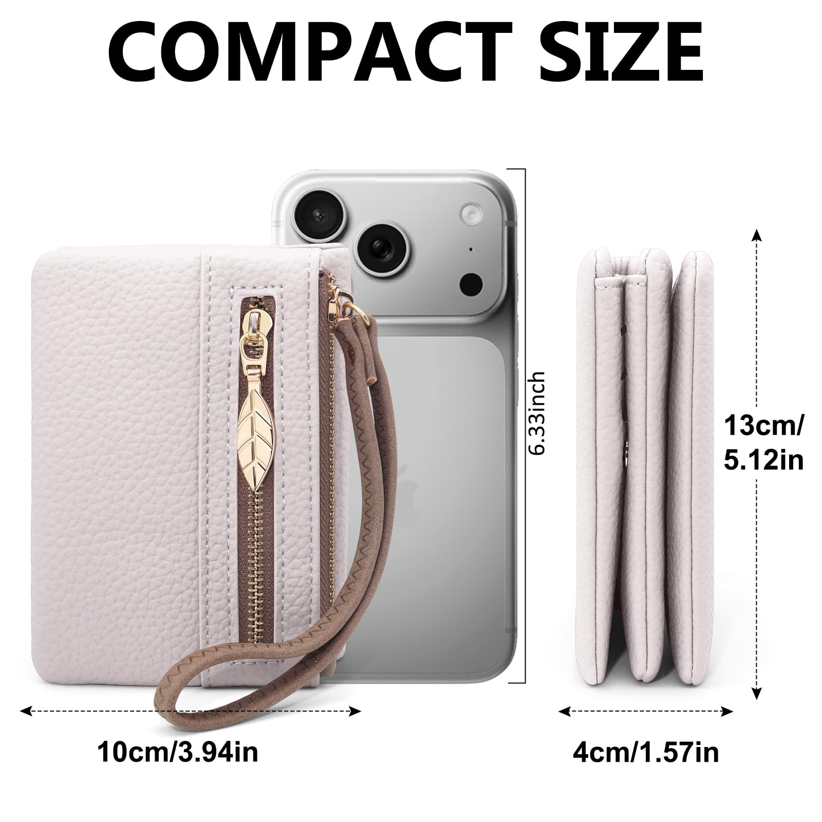 HNOOM Porte Monnaie Femme en Cuir PU Portefeuille Femme Petit Format Porte Feuille pour Femme Court avec 9 Emplacements de Cartes et 2 Zippé Pochette à Monnaie (Beige)
