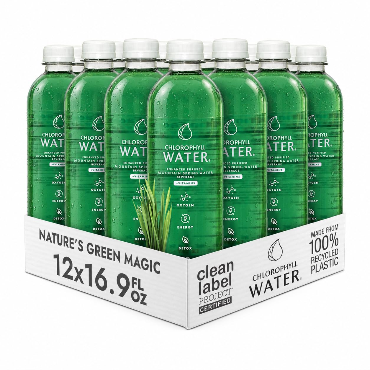 Chlorophyll Water Purified Mountain Spring Water w/ Liquid Chlorophyll & Vitamins A, B12, C, D | Plant Based | Antioxidants, Detox Water, Energy Boost, Immune Support 12pk