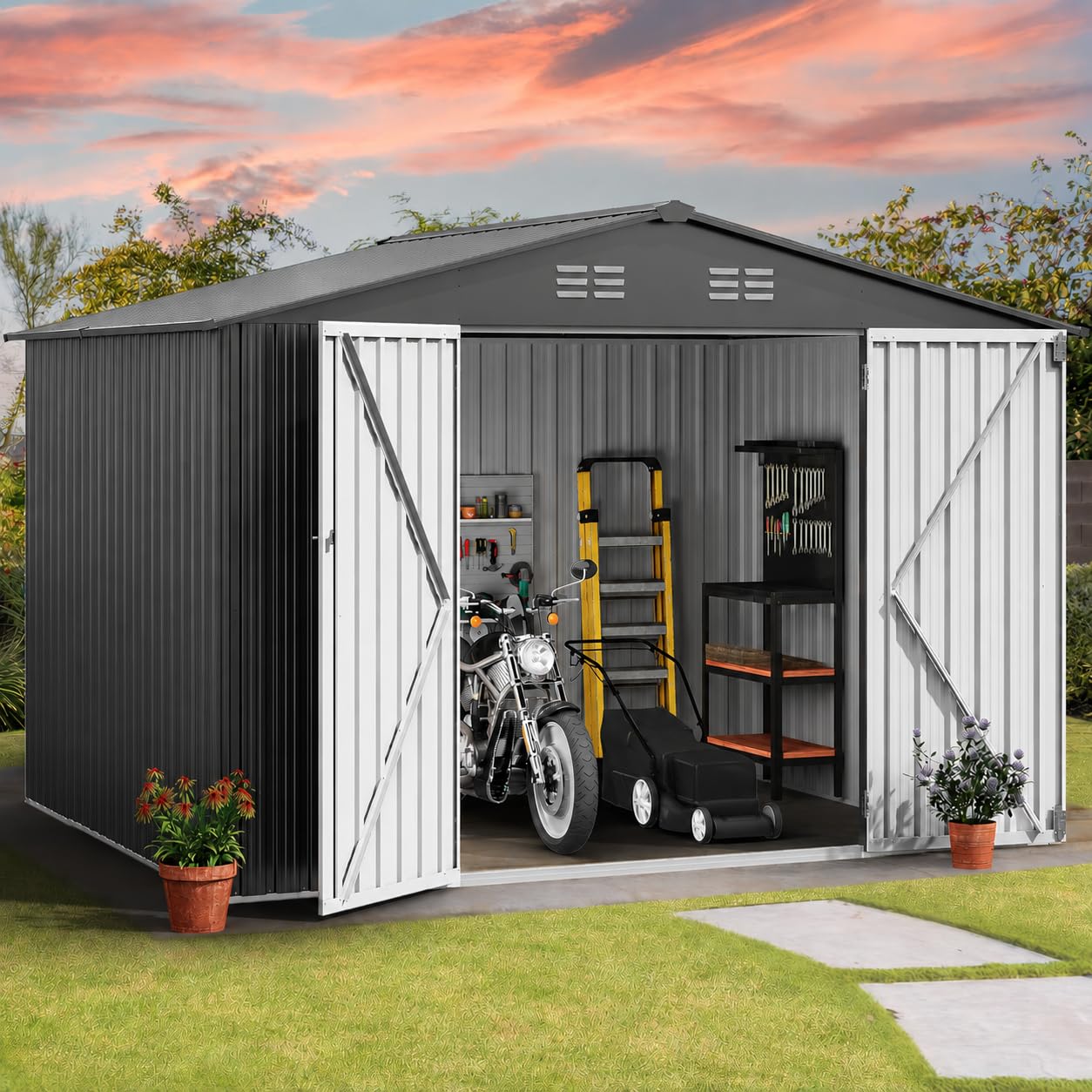 DWVO 10x8ft Outdoor Storage Shed, Large Metal Tool Sheds, Heavy Duty Storage House with Lockable Doors &amp; Air Vent for Backyard Patio Lawn to Store Bikes, Tools, Lawnmowers, Dark Gray