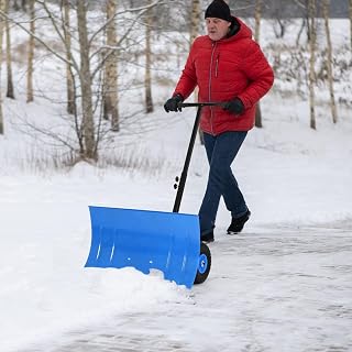 Snow Shovel Pusher with Wheels, 29.1 in w x 19.3" h Heavy-Duty Ergonomic 2-Wheel Snow Pusher Hand Plow for Snow Removal, Adjustable Angle & Height Handle for Driveway, Pavement