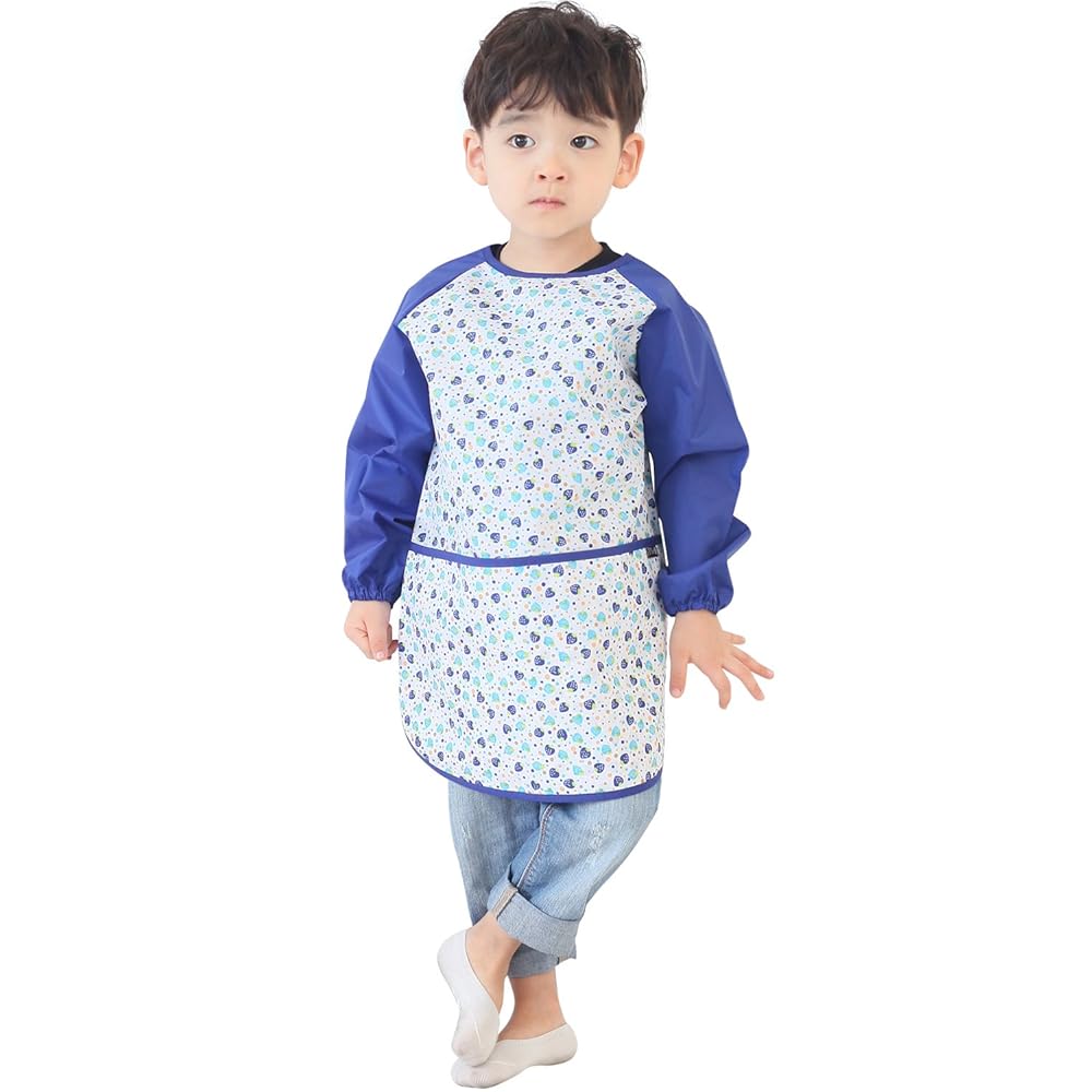 Plie Kids Painting Apron - Waterproof Long Sleeve Art Smock for Toddlers & Preschoolers, Messy Play, Baking, Crafts, Cooking, Sensory Activities (Ages 1-10), Blue Strawberry (25-M)