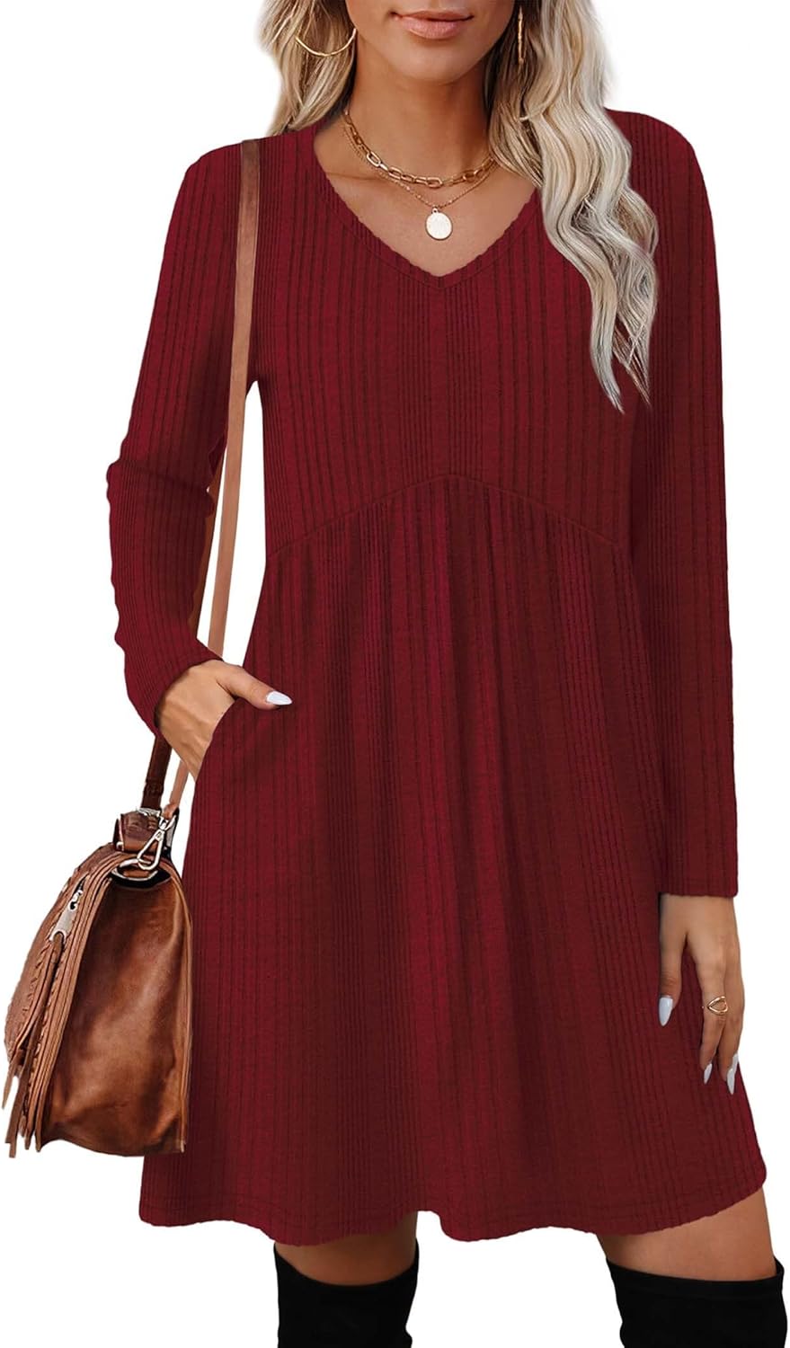 OFEEFAN Long Sleeve Sweater Dress Fall Dresses 2025 V Neck Empire Waist Baby Doll Dresses Women Casual Dress with Pockets - Image 2