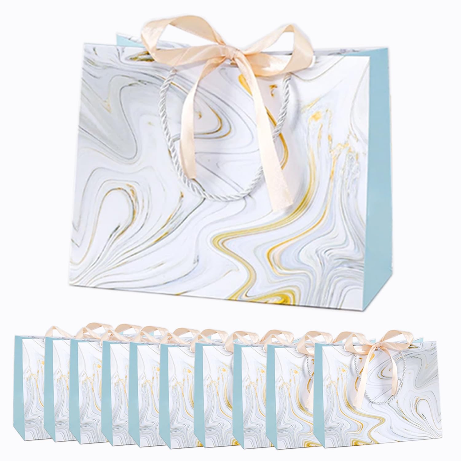 PAHOO 10 Pack 9" Medium Size Gift Bags with Ribbon, Premium Light Blue Marbling Gift Bags Use for Birthdays, Baby Shower,weddings,Party Favor, Holiday Presents-7.88" X 4.7" X 9.85"