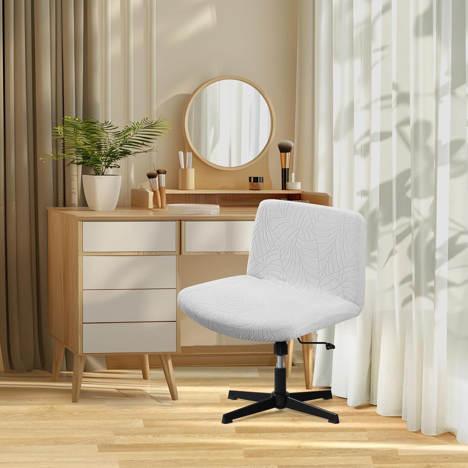Fuloon Criss Cross Chair Cover, Waterproof, Stretchable, Solid Jacquard, Suited for Armless/Office/Desk/Mid Back Wide Seat/Computer/Task/Vanity/Accent Chair (Leaves -Shaped Jacquard, Light Grey)