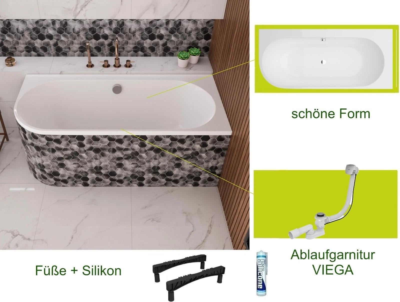 ECOLAM Wanna 170 x 75 cm prawa Oceana wanna narożna wanna narożna akrylowa