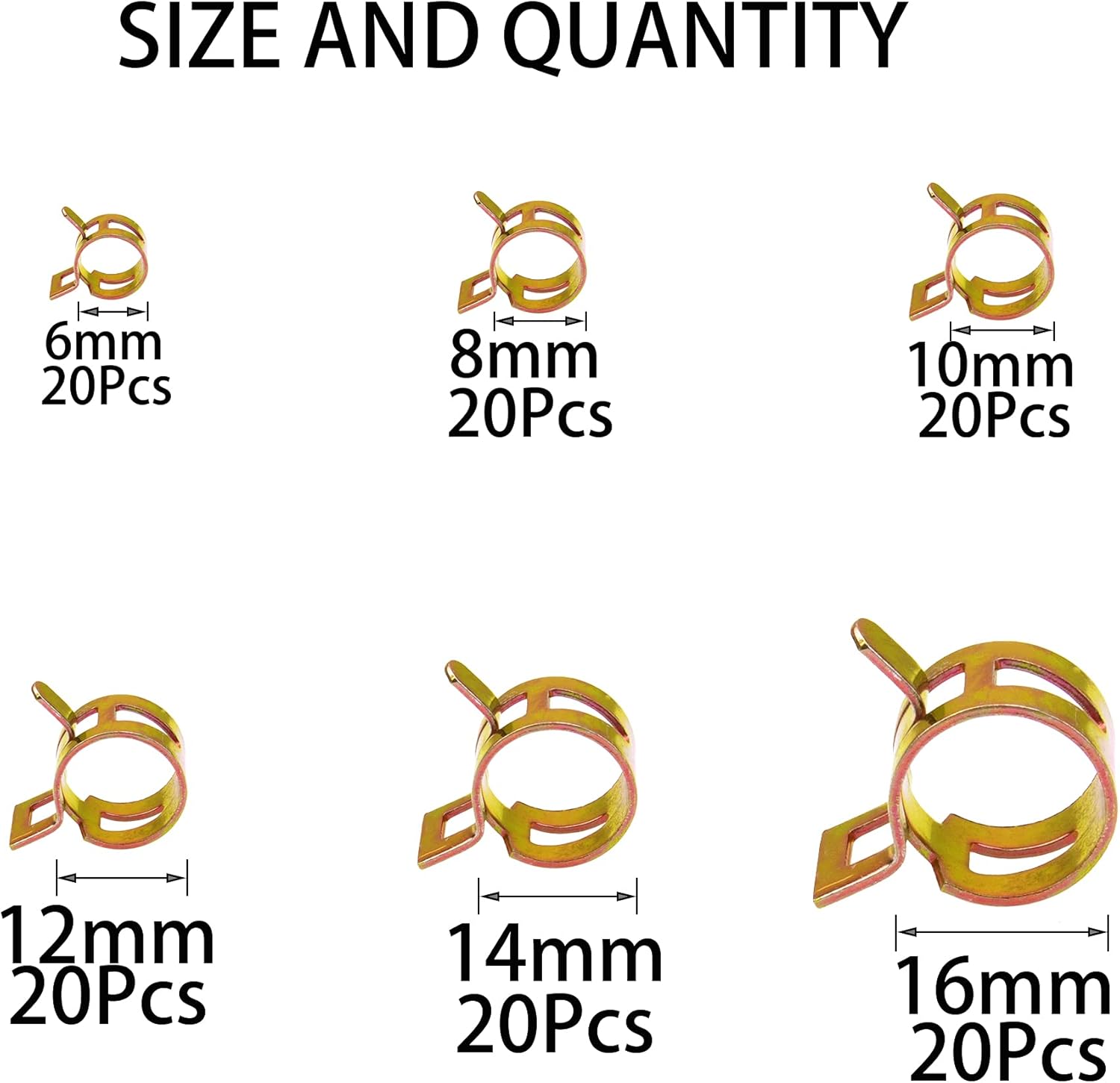 120Pcs Fuel Silicone Vacuum Hose Spring Band Type Action Pipe Clamp Low Pressure Air Clip Clamp Assortment Kit, 6 Sizes(6mm 8mm 10mm 12mm 14mm 16mm)