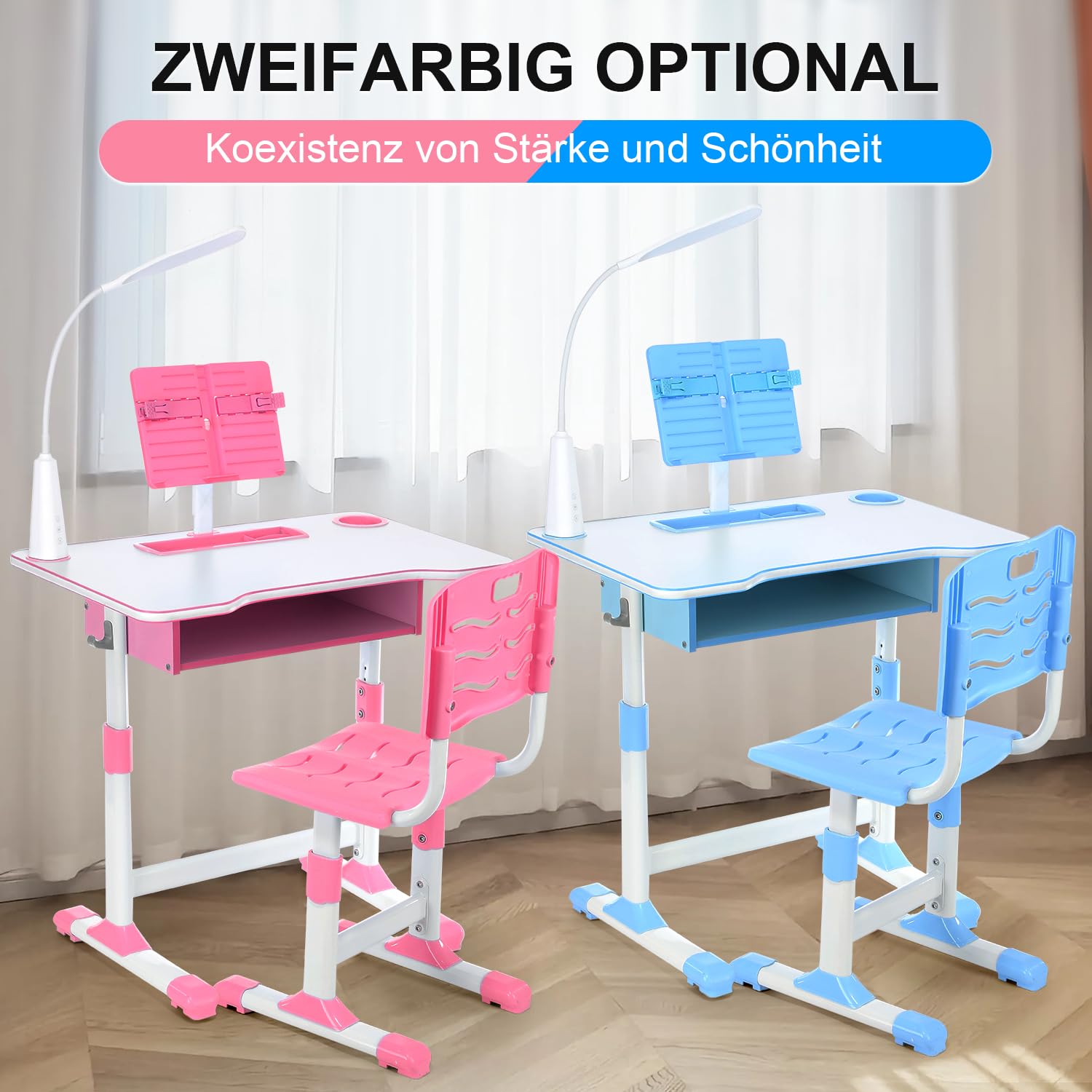 Kinderschreibtisch mit Stuhl Set, Schreibtisch Kinder mit Stuhl Höhenverstellbar 62-72cm + Helligkeitsregulierung LED für Kinder Schüler Jugendliche zum Lernen, Lesen, Malen，Blau
