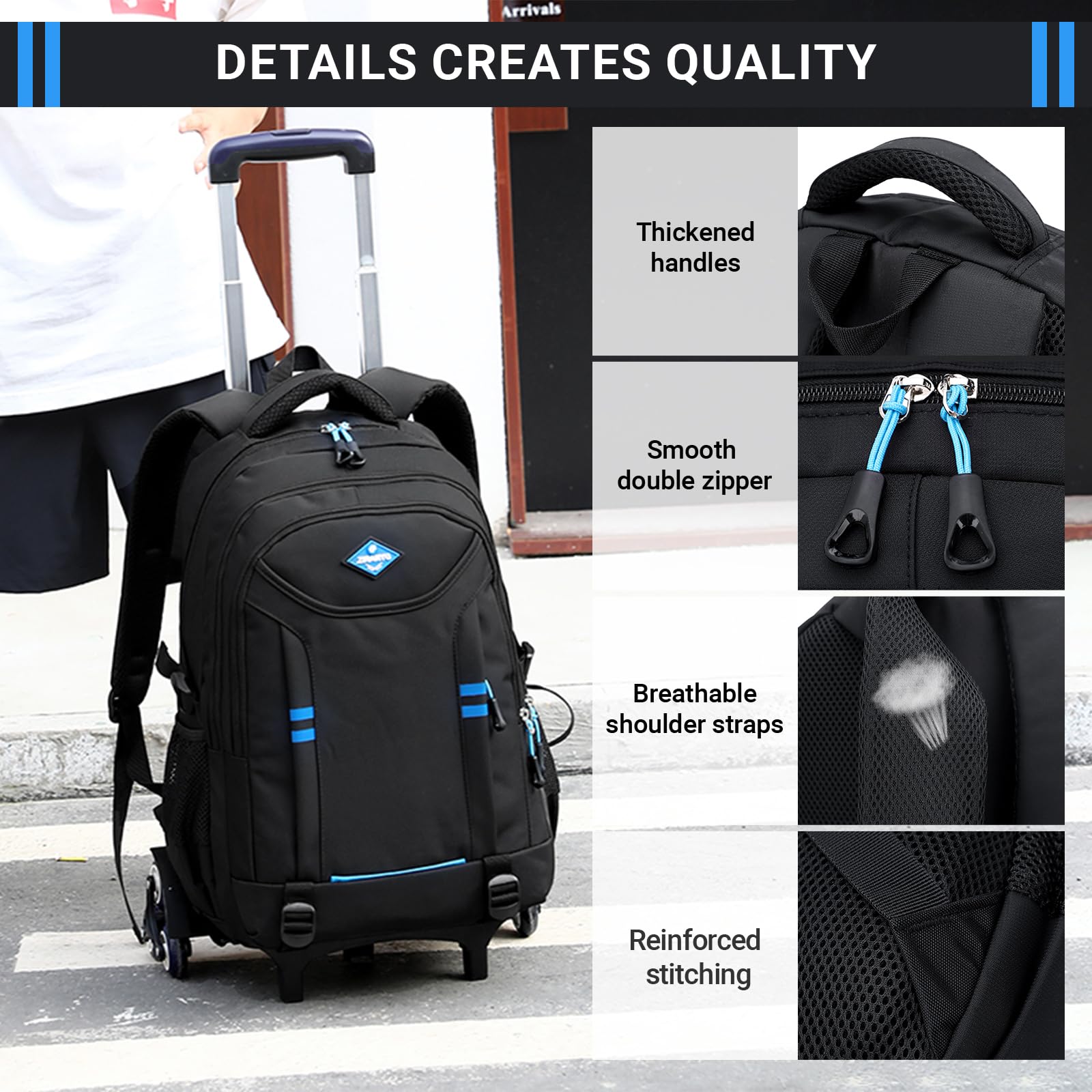 Amythe Mochila con Ruedas para Niños y Adolescentes, 6 Ruedas Negro | Mochilas Escolares Trolley Gran Capacidad para Chicos 9 10 12-18 años , Desmontable Carro Mochila para Viajes y Escuela