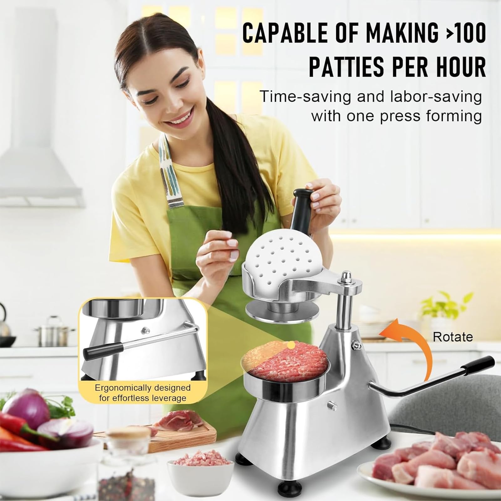 DFEDHF Commercial Hamburger Patty Maker, 100/130/150mm Heavy Duty Stainless Steel Bowl Burger Press Machine with 3 Tray, Time-Saving Opereation and Easy to Clean for Hamburger Crab Cakes Sausage