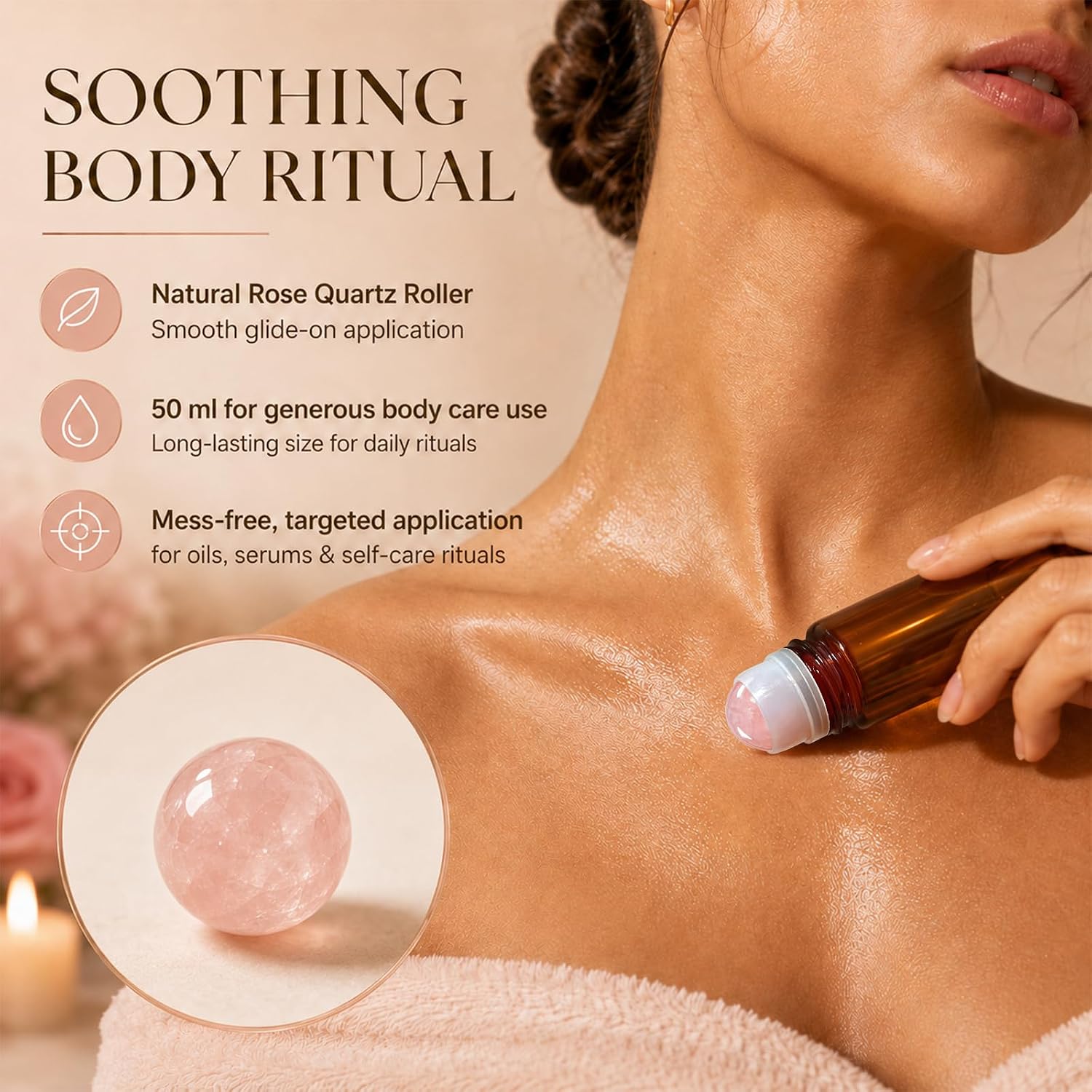 Rose Quartz Roller Bottle, 50ml Amber Glass Roll On Bottle with Crystal Roller Ball, Refillable Roller Ball Applicator for Essential Oils, Perfume, Serums and Castor Oil, Gold Cap Funnel Opener