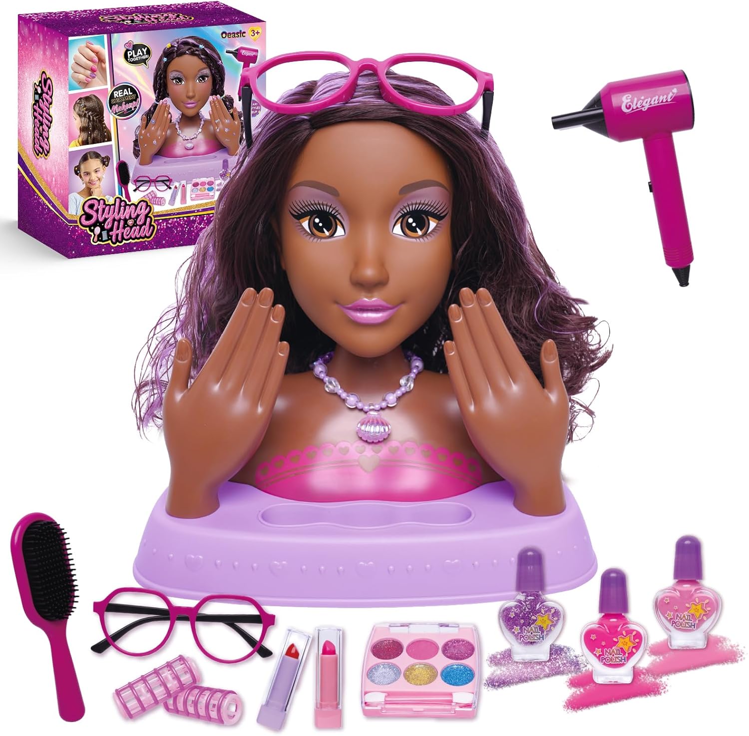 Hair Styling Doll Head 10.5-inch with Real Washable Makeup & Nail Polish, 20+ Accessories Pretend Play Hair Salon Toy & Makeup Kit for Kids–Christmas, Birthday Gifts for Girls Ages 3 4 5 6 7 8 9 10 +