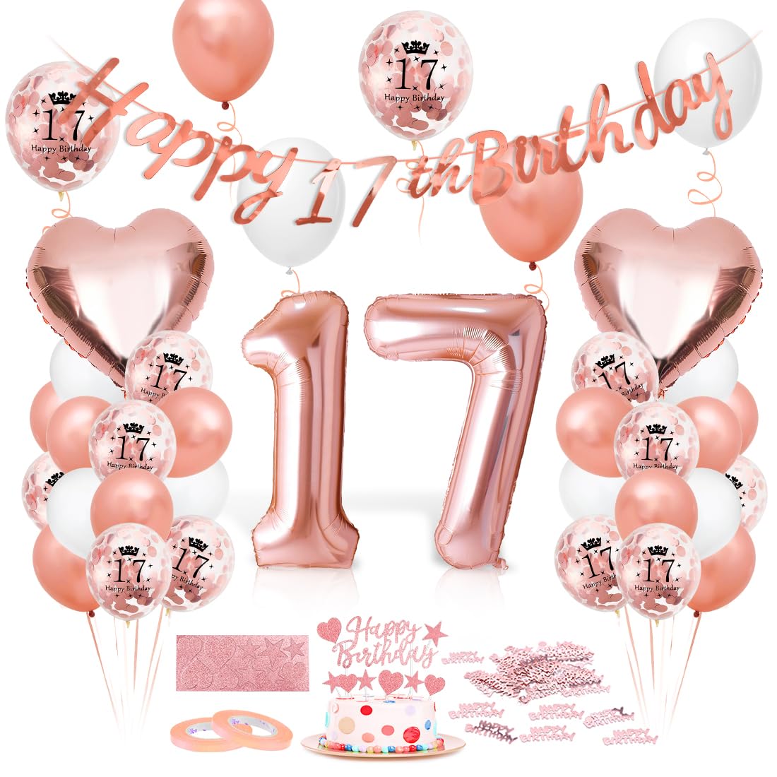 Luftballon 17. Geburtstag Roségold, Geburtstagsdeko 17 Jahr, Ballon 17. Geburtstag, Riesen Folienballon Zahl 17, Happy Birthday Folienballons 17er, Ballon 17er Deko zum Geburtstags Mädchen