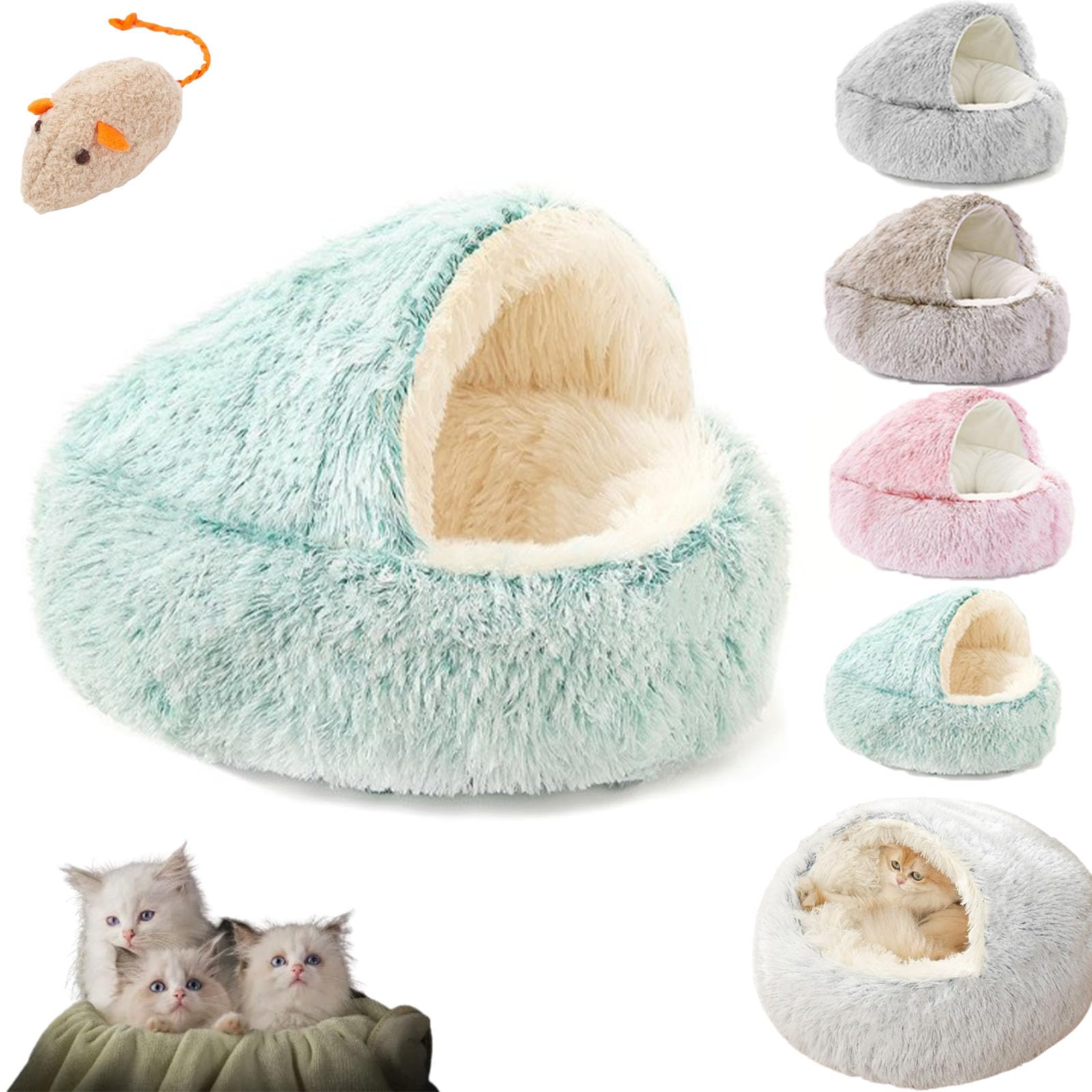Lapcatz Nest Bed, Lap Catz Nest Bed, Lapcatz Cat Nest, Soft Plush Pet Bed with Cover Round Cat Bed, for Indoor Cats Cave and Calming, Waterproof Bottom Washable (Green-longhair, 23.6 * 23.6 inch)